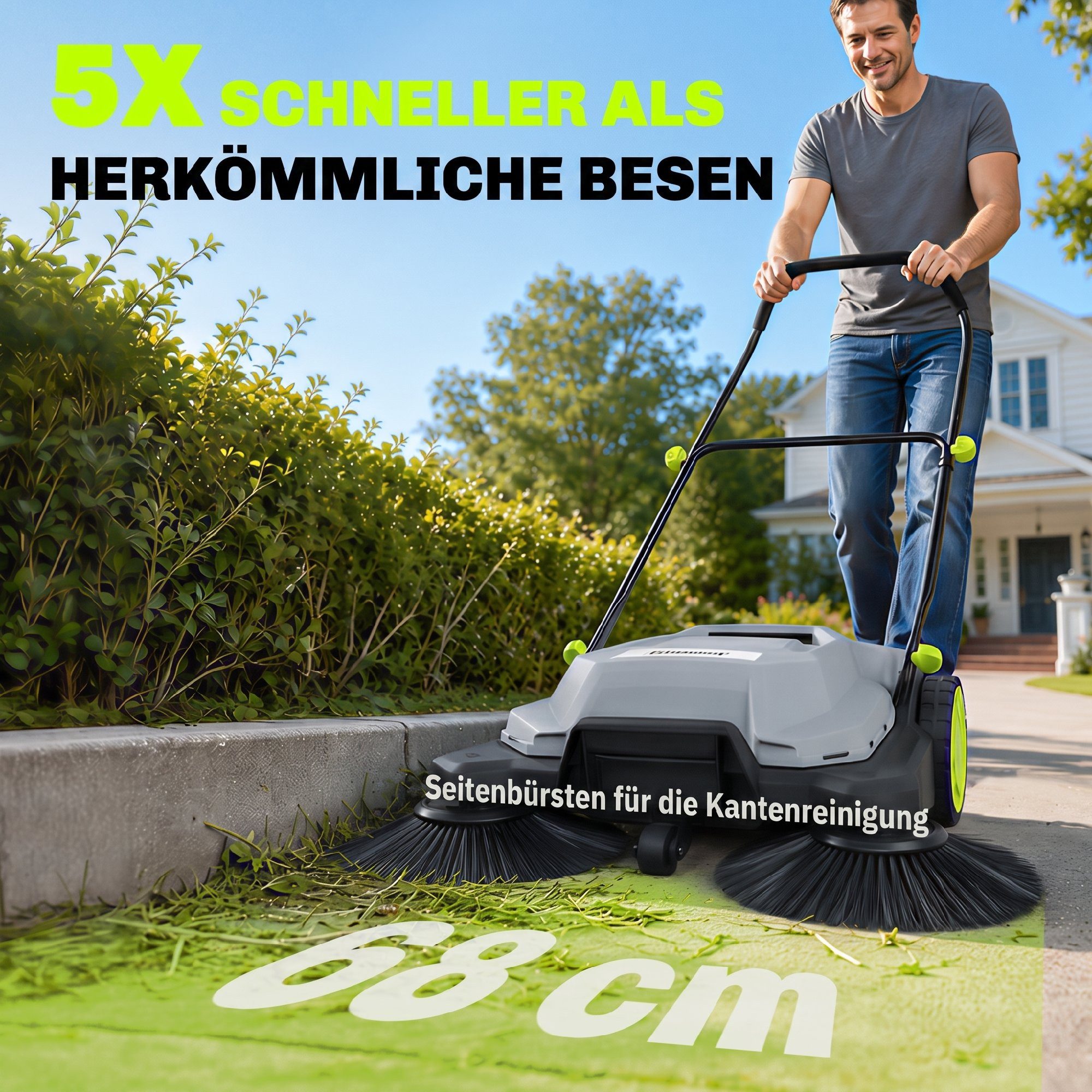 Outsunny Handkehrmaschine mit 24 L Schmutzbehälter, Höhenverstellbar klappbar Griff, 68 cm Arbeitsbreite, (Set, 1-St., Kehrmaschine), effektives 3-Bürsten-Kehrs – Bild 5 von 5