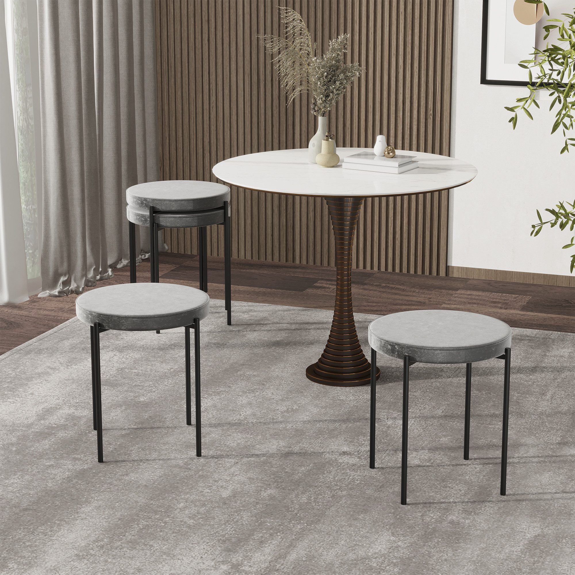 HOMCOM Esszimmerstuhl Stapelhocker Polsterhocker aus Metall Wohnzimmer (Rundhocker, 4 St), für Küche Esszimmer Samt Dunkelgrau 41,5 x 41,5 x 46 cm