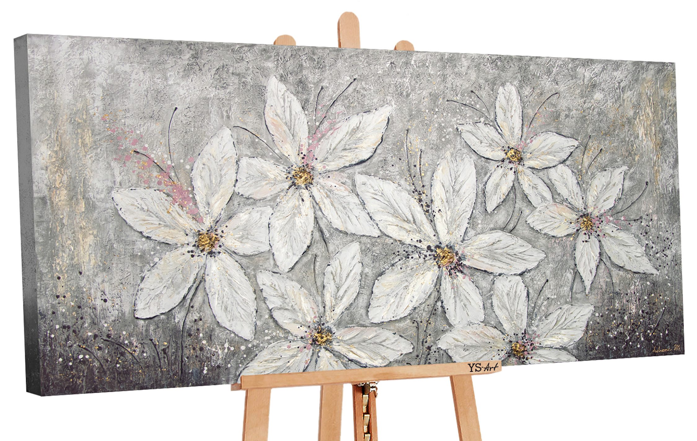 YS-Art Gemälde Blumenparadies, Blumen, Weiße Blumen Leinwand Bild Handgemalt Grau Schwarz