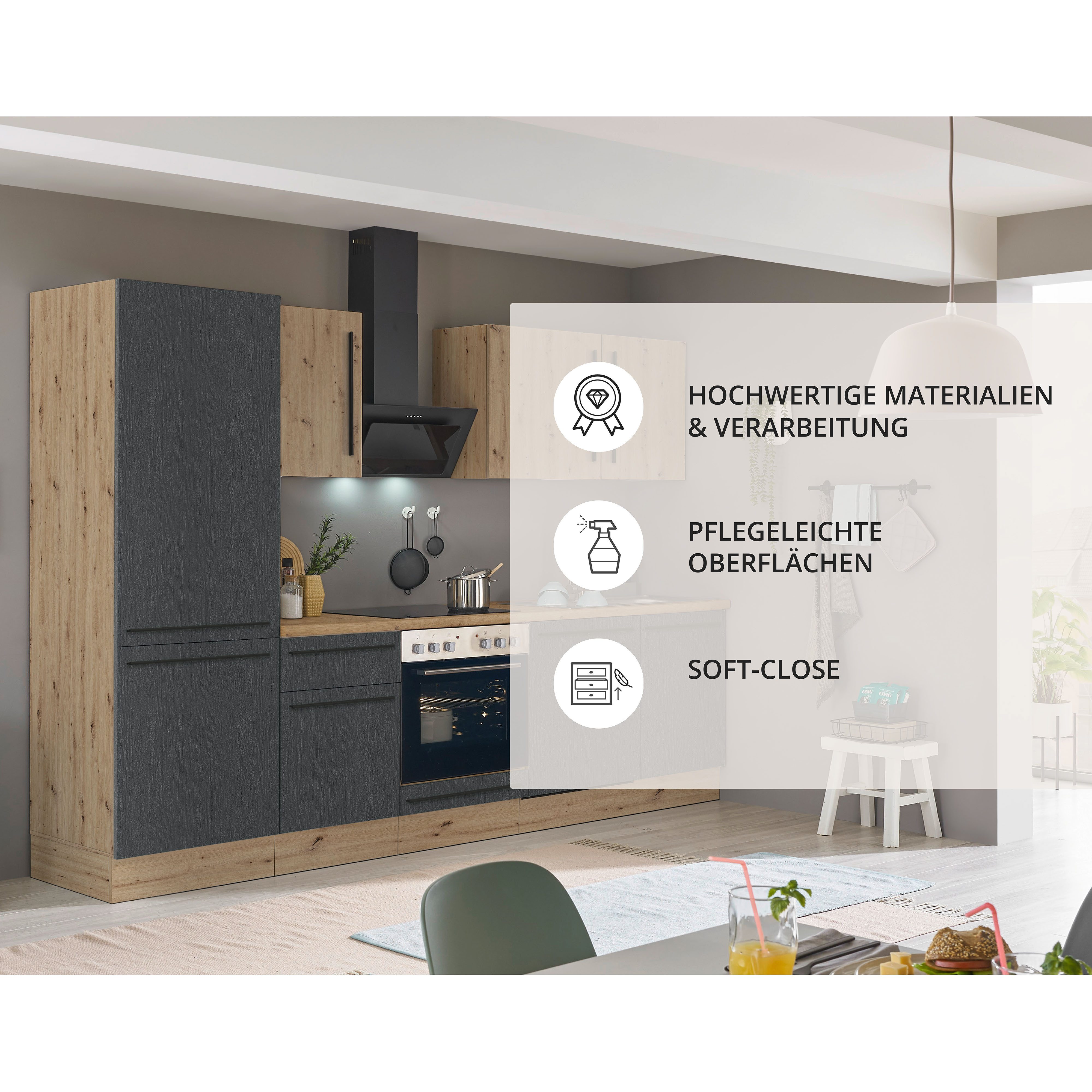 KOCHSTATION Küchenzeile KS-Florida mit 38mm starker Arbeitsplatte, Breite 280 cm, wahlweise mit E-Geräten, Soft-Close-Funktion