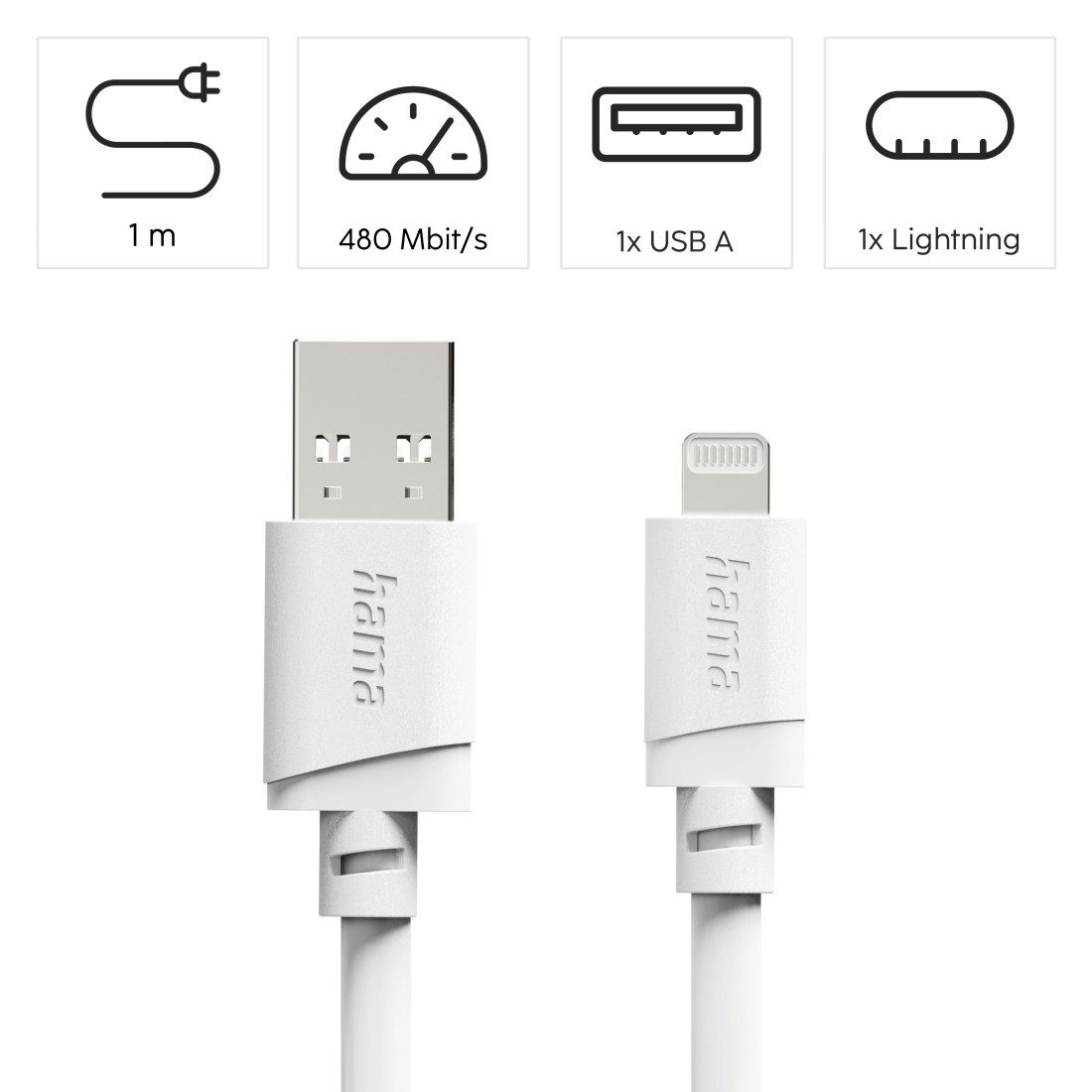 Hama USB-A auf Lightning Ladekabel 1 m weiß USB-Kabel, Lightning, USB Typ A, (100 cm), Schnellladen, 480 Mbit/s, MFi zertifiziert, breite Kompatibilität – Bild 4 von 5