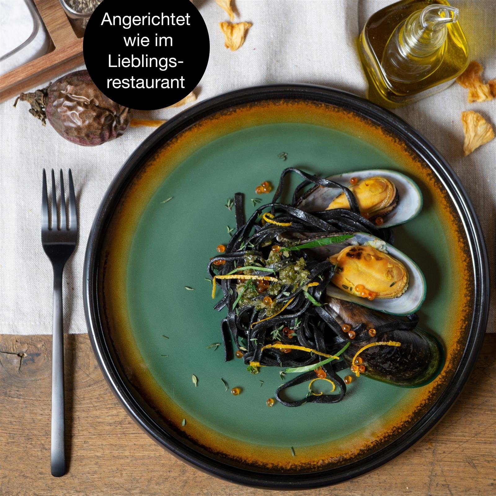 Moritz & Moritz Tafelservice Moritz & Moritz SOLID 4x Dinnerteller Grün/Braun (4-tlg), 4 Personen, Steinzeug, Geschirrset zum Servieren