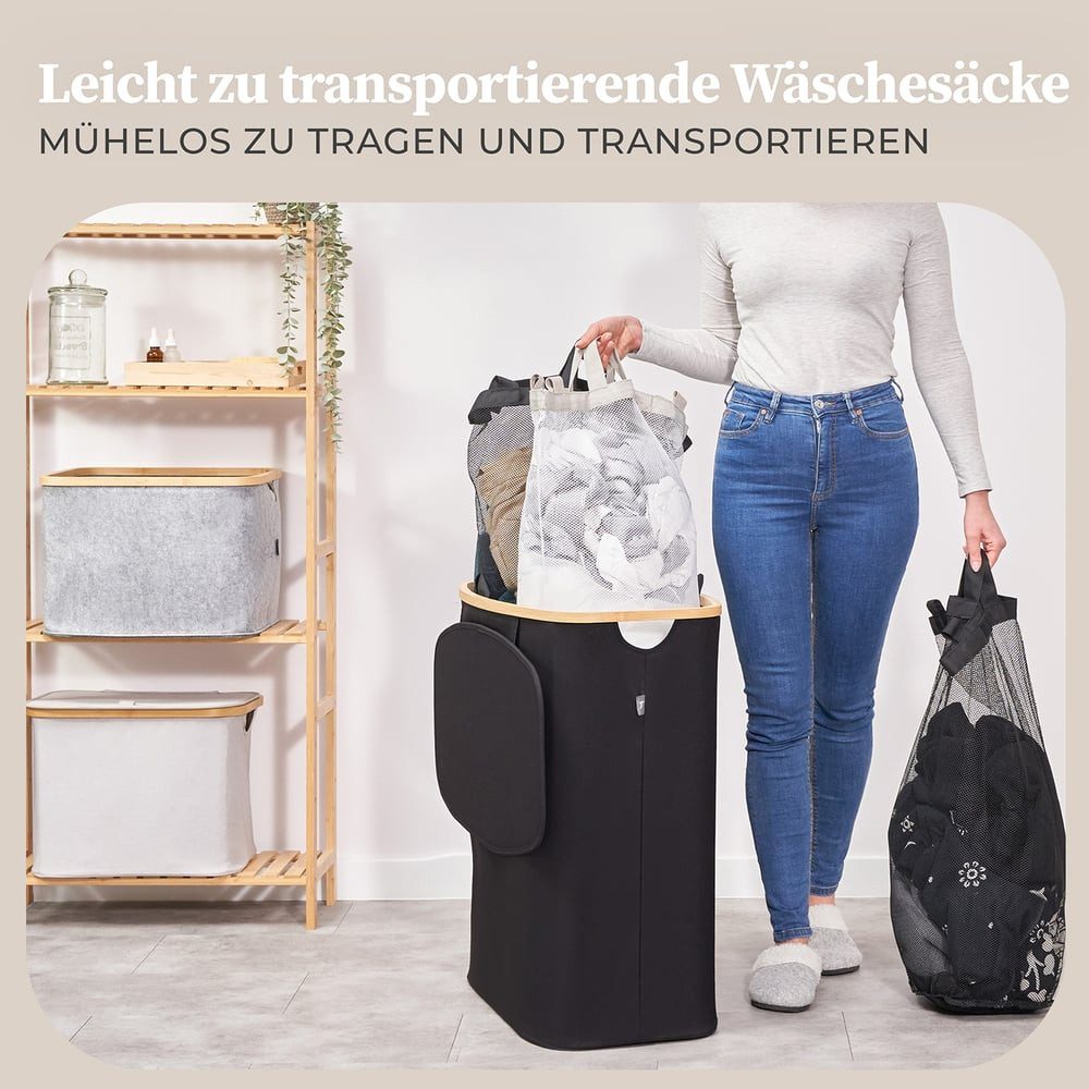 HENNEZ Wäschekorb Wäschebox 150L - Wäschekorb 3 Fächer mit Deckel, Wäschesortierer mit Wäschesack, schwarz Bambus – Bild 5 von 5