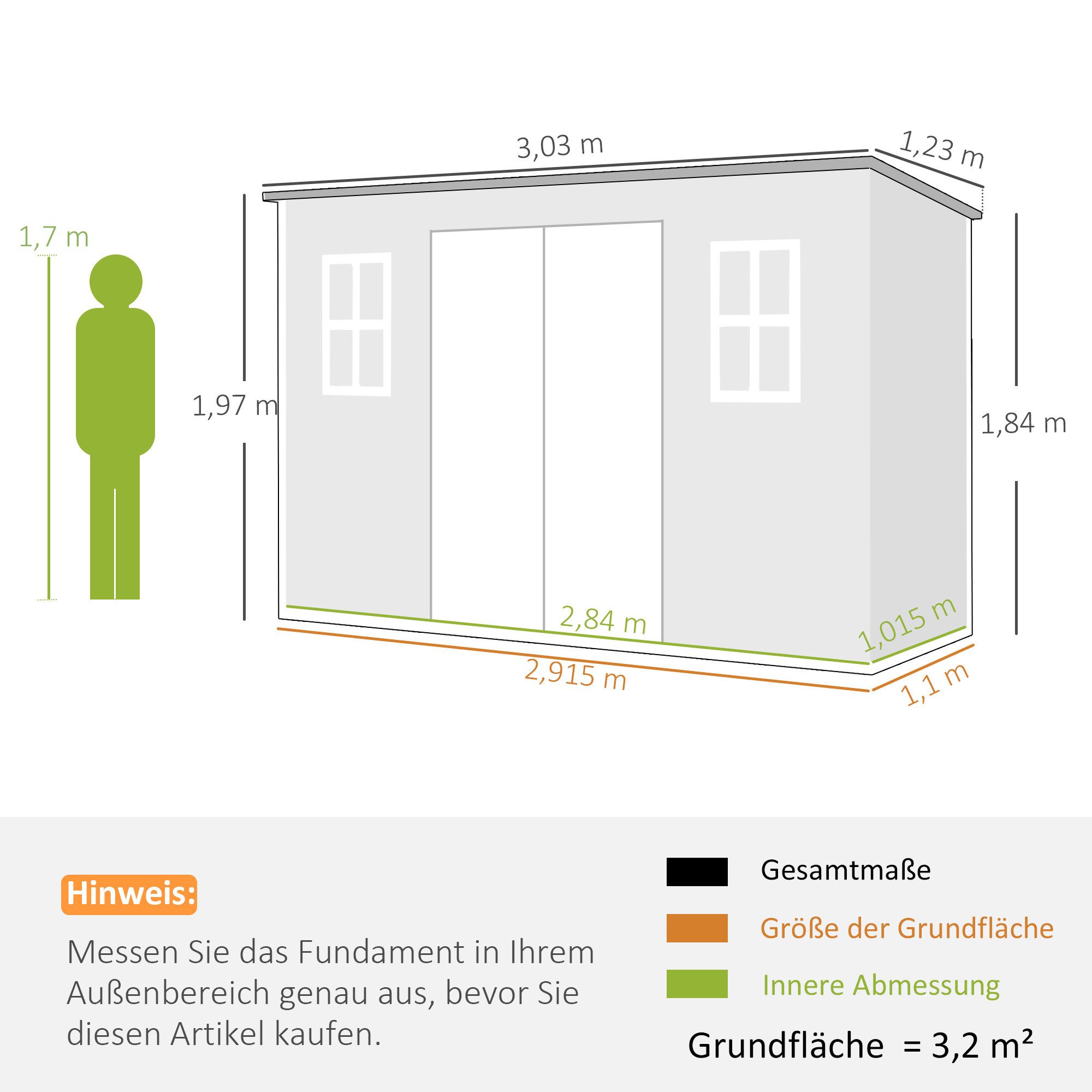 Outsunny Gerätehaus mit Pultdach, Fenster, Doppeltür, Schloss, Boden, Belüftungsöffnung, BxT: 303x123 cm, (Geräteschuppen, 1 St., mit Bodenplatte), UV-beständig, wasserabweisend, abschließbar