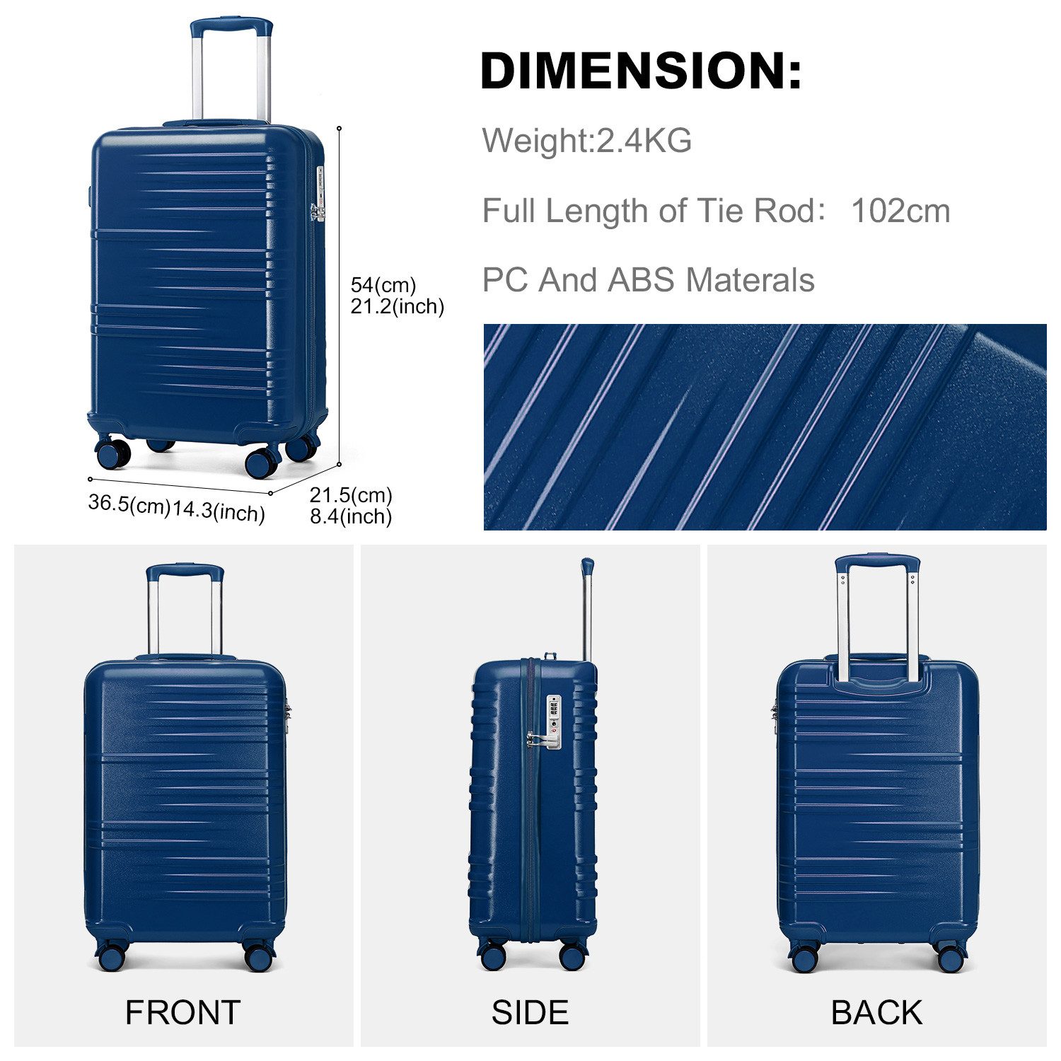 British Traveller Hartschalen-Trolley Reisekoffer Hartschalenkoffer mit 8 Spinnerrädern, TSA-Schloss, ABS+PC – Bild 2 von 5