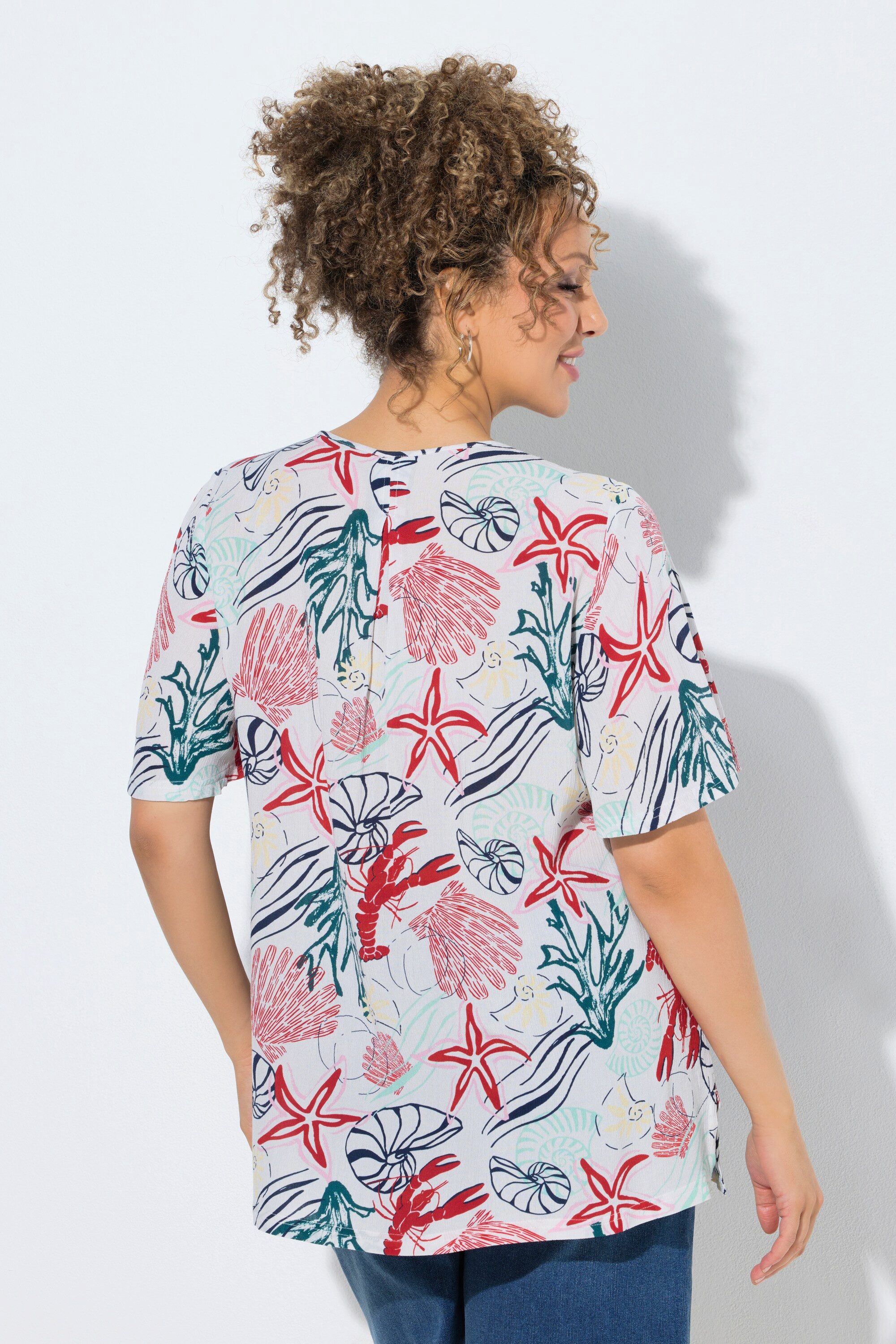 Ulla Popken Druckbluse Smok-Bluse maritimer Druck Tunika-Ausschnitt