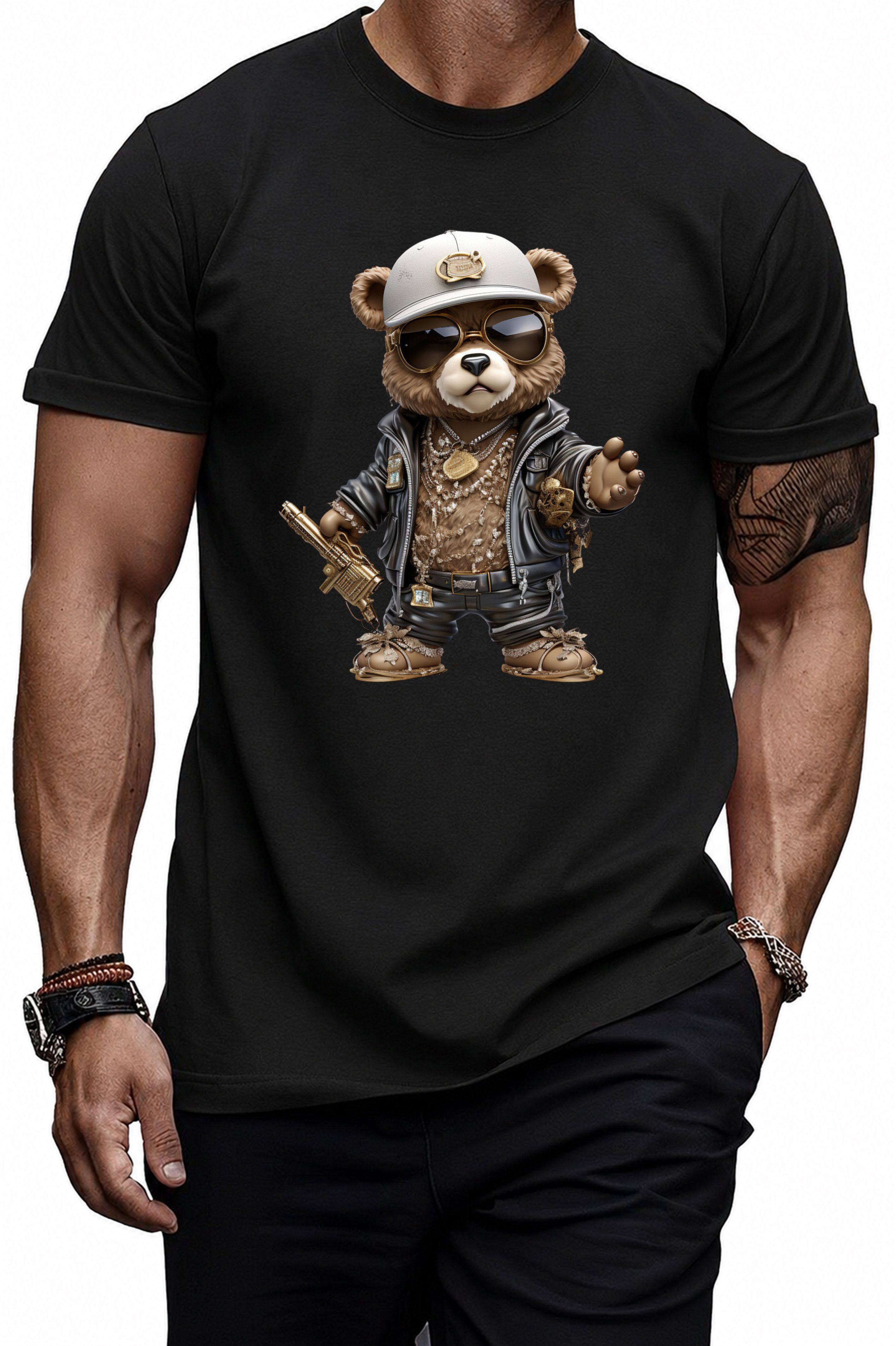 Banco T-Shirt Herren T-Shirt Gangster Bär mit weißer Kappe goldene Maschinengewähr 100% Baumwolle