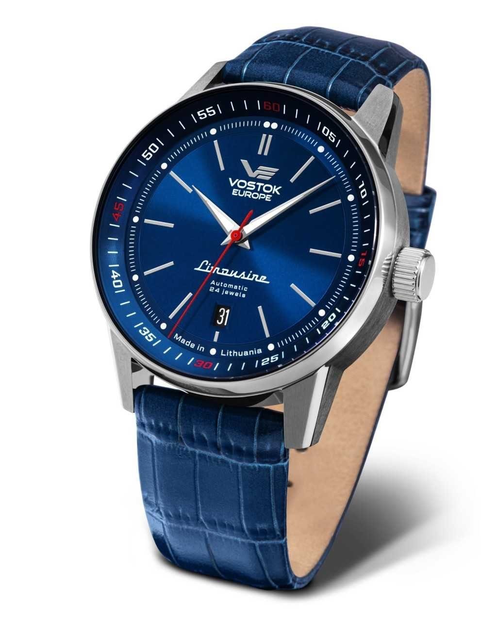 Vostok Europe Automatikuhr GAZ-14 Limousine Herrenuhr, blaues Zifferblatt, Lederarmband 560A687-L, 43 mm, elegantes Design