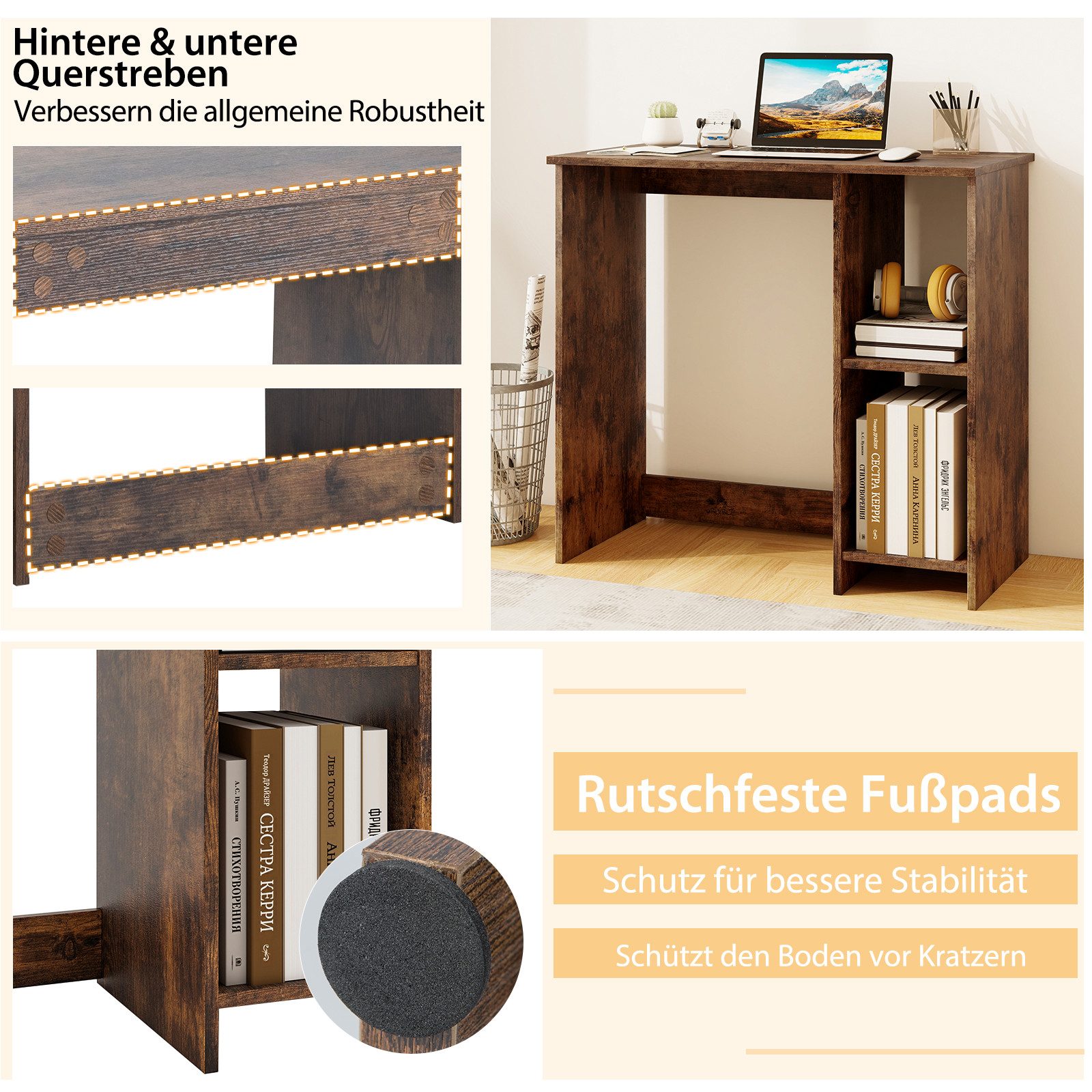 COSTWAY Schreibtisch, mit 2 Fächern, für kleine Räume, bis 130kg, 80x40x74cm