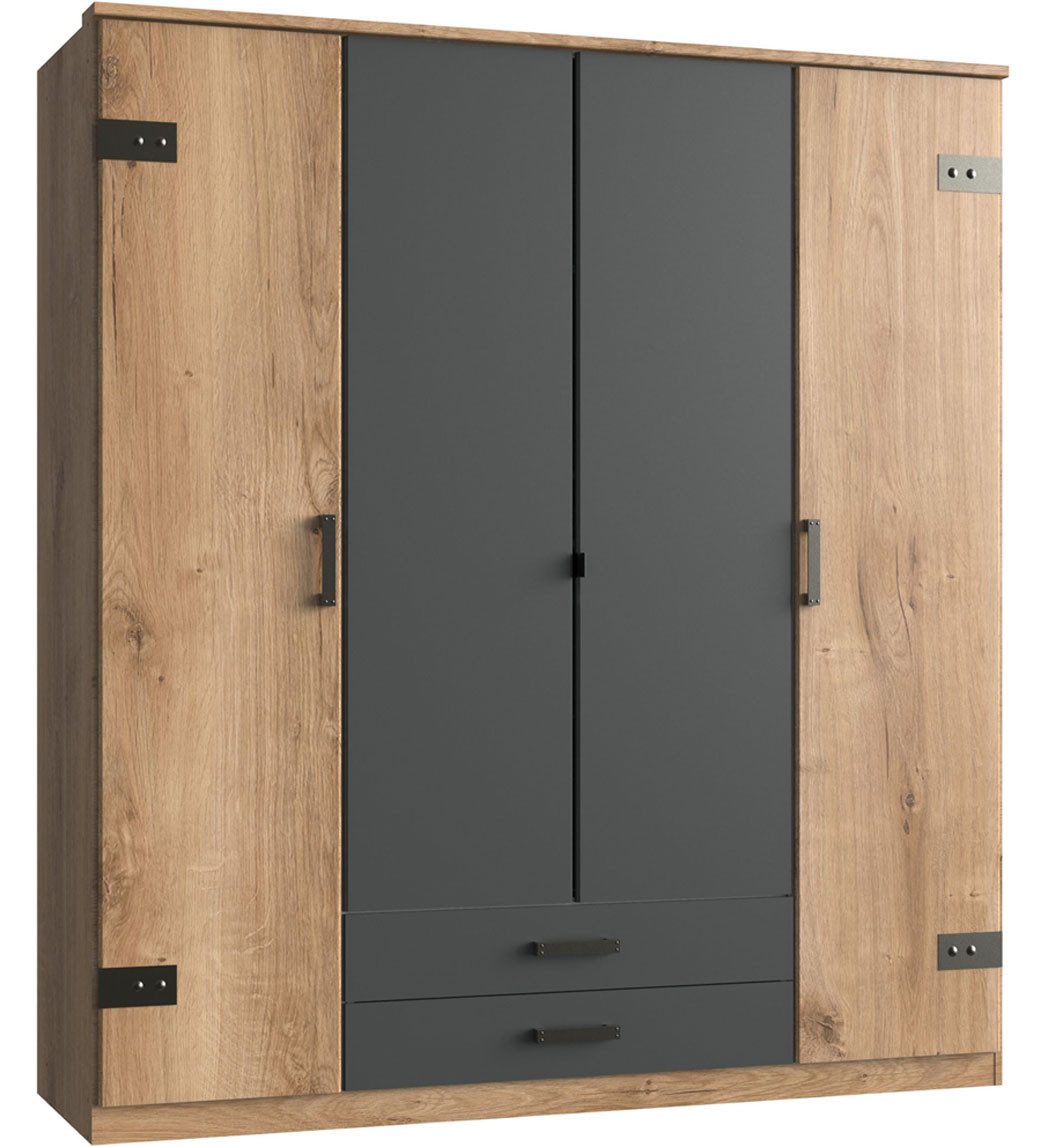Wimex Kleiderschrank Cork (mit Türen, Schubladen, kleiderstangen Einlegeböden, 1-St., Industrie Design, Bügelgriffe aus Kunststoff) 180x58x199cm Plankeneiche graphit