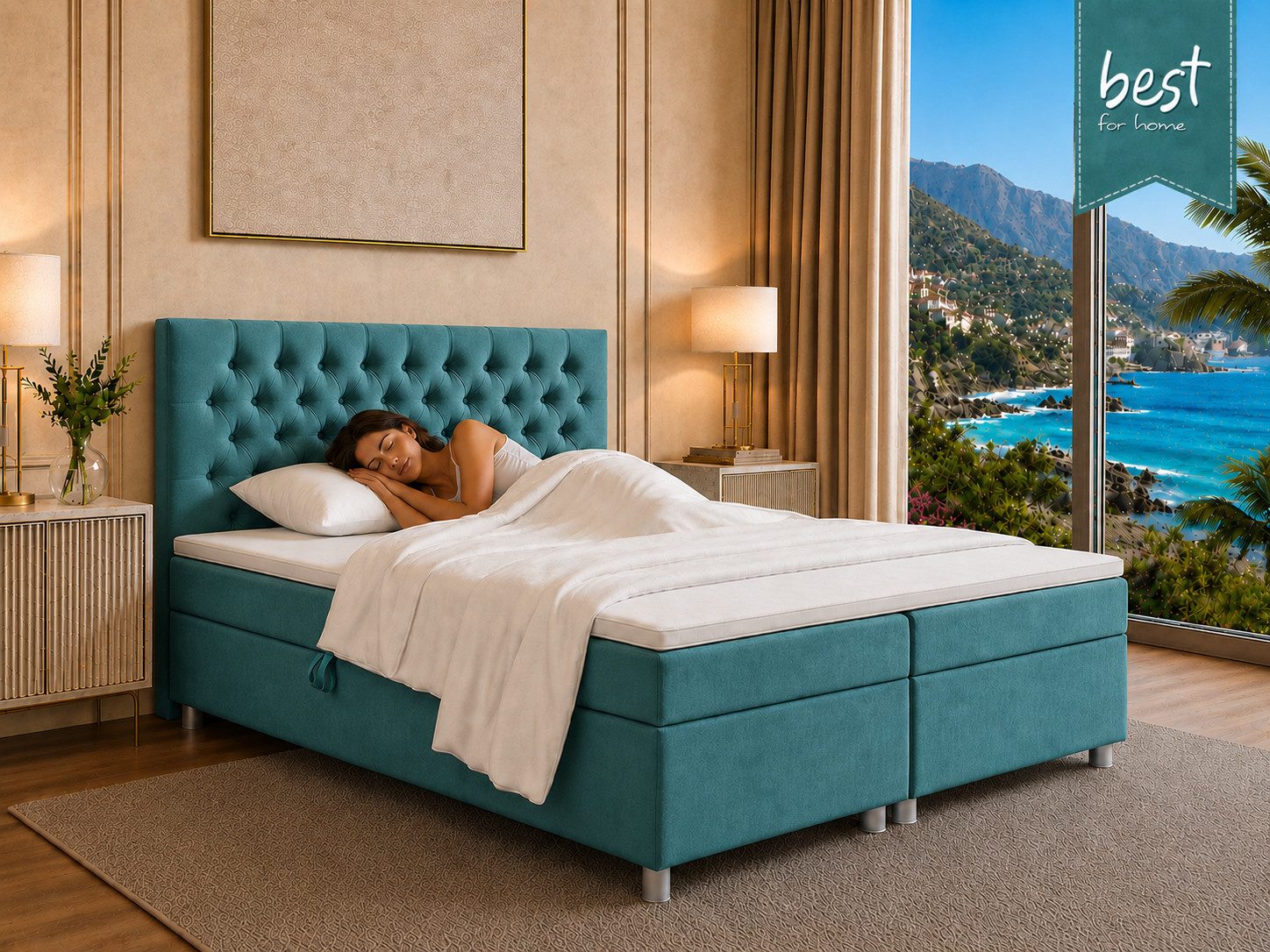 Best for Home Boxspringbett Boxspringbett Trinity K-14 7-Zonen Bonell 140–200 cm mit Stauraum (Boxspringbett-Set, 1-St., Bonell-Matratze, gepolstertes Kopfteil, Polsterbett versch. Größen), mit oder ohne Topper, Handwerksqualität