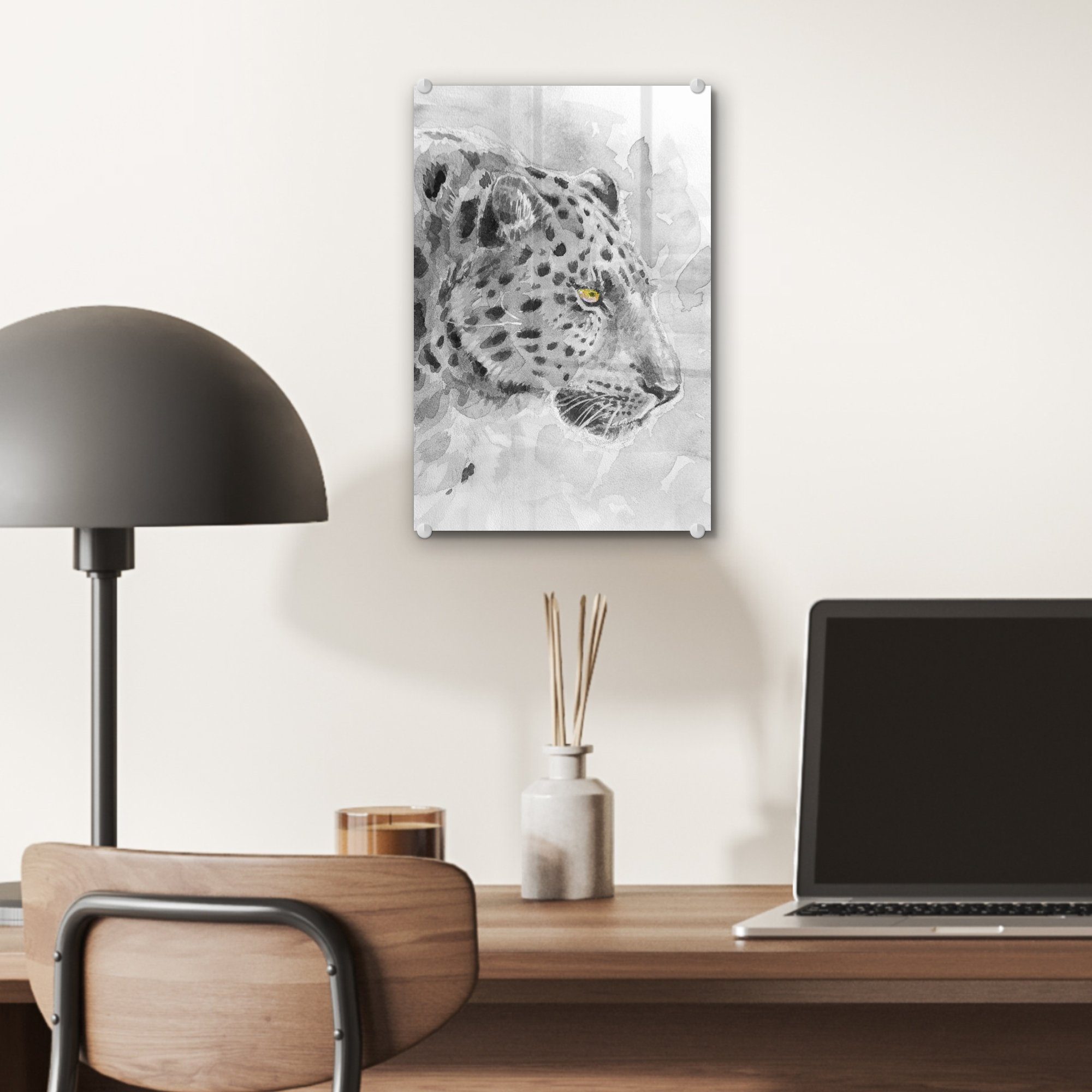MuchoWow Acrylglasbild Panther Bilder - Weiß, Aquarell Wandbild - St), - - - Glas Glas Wanddekoration auf Glasbilder auf Foto - (1 Schwarz
