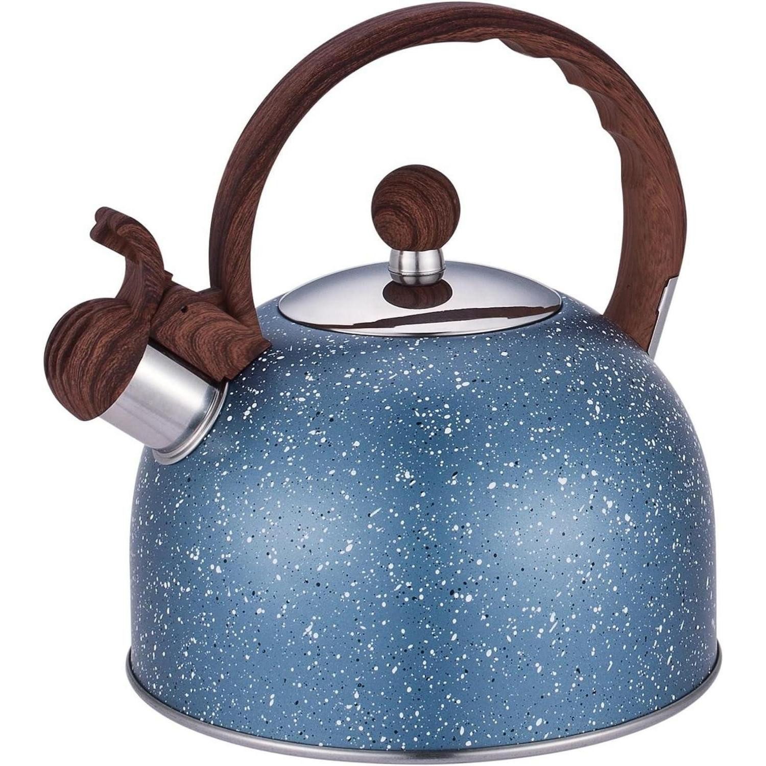 Teekanne Wasserkessel Induktion Edelstahl Holzmasergriff Pfeifton 2500ml Blau