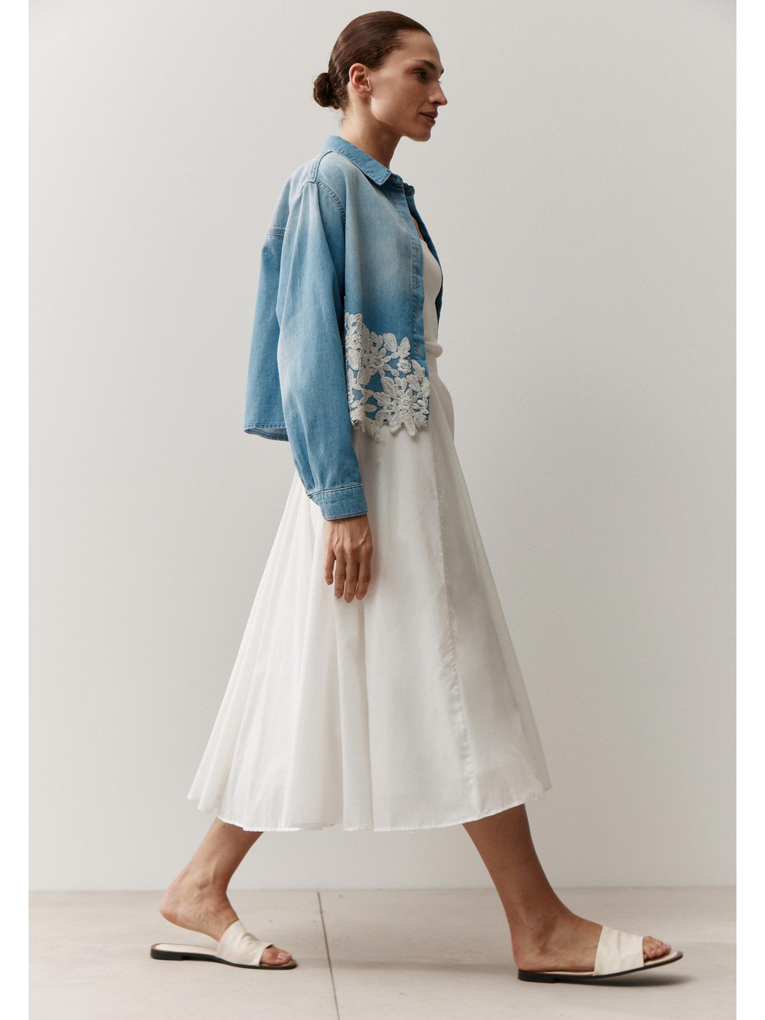 MORE&MORE Klassische Bluse lässiges, kurzes Jeanshemd mit Spitze