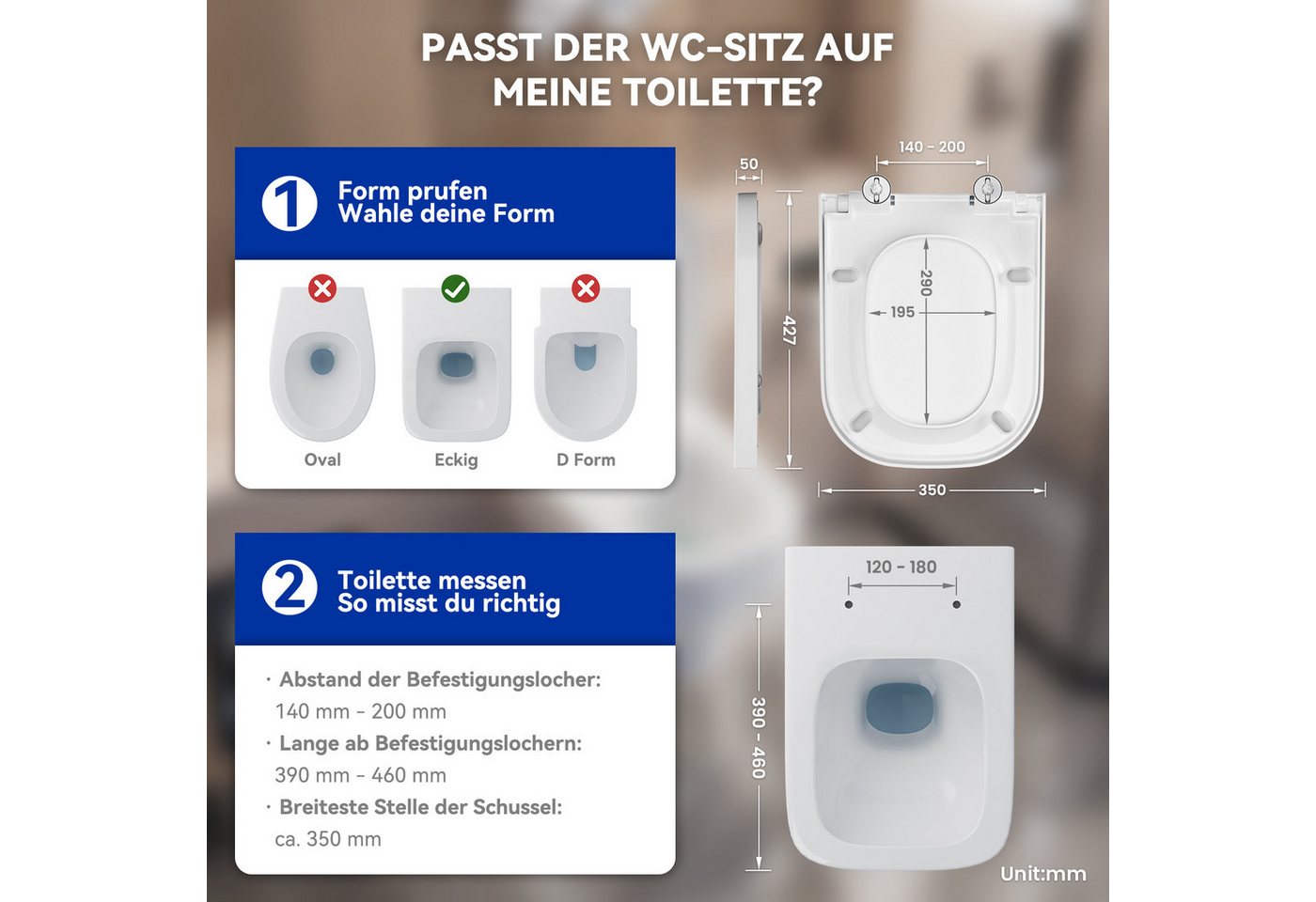 Thumbnail - DERW MAX WC-Sitz mit Absenkautomatik, Weiß Duroplast Toilettensitz, Schnellverschluss Toilettendeckel, Tragfähigkeit bis...