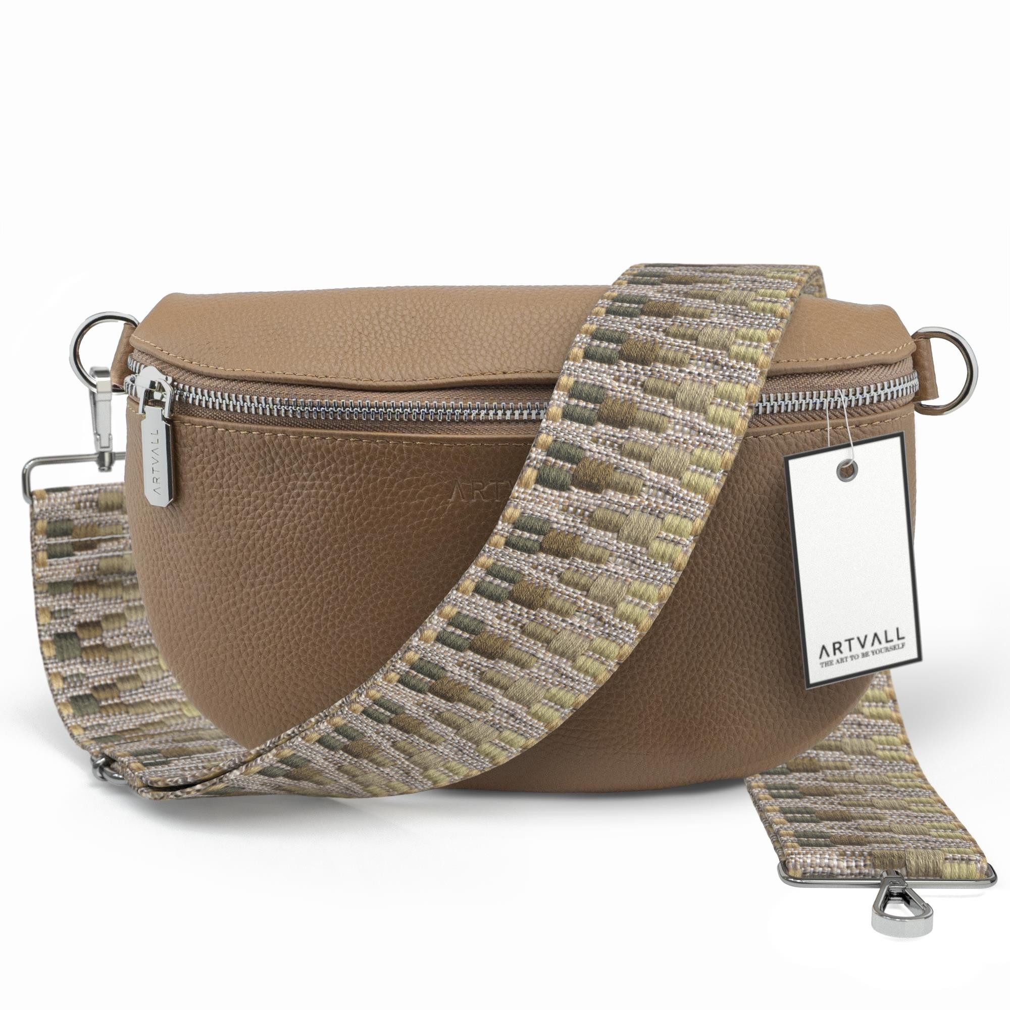 ARTVALL Umhängetasche Echtleder Handtasche Damen Brusttasche Hellbraun (Tasche inkl. Taschenband), Leder Bauchtasche klein breiter Schulterriemen abnehmbarer Taschengurt