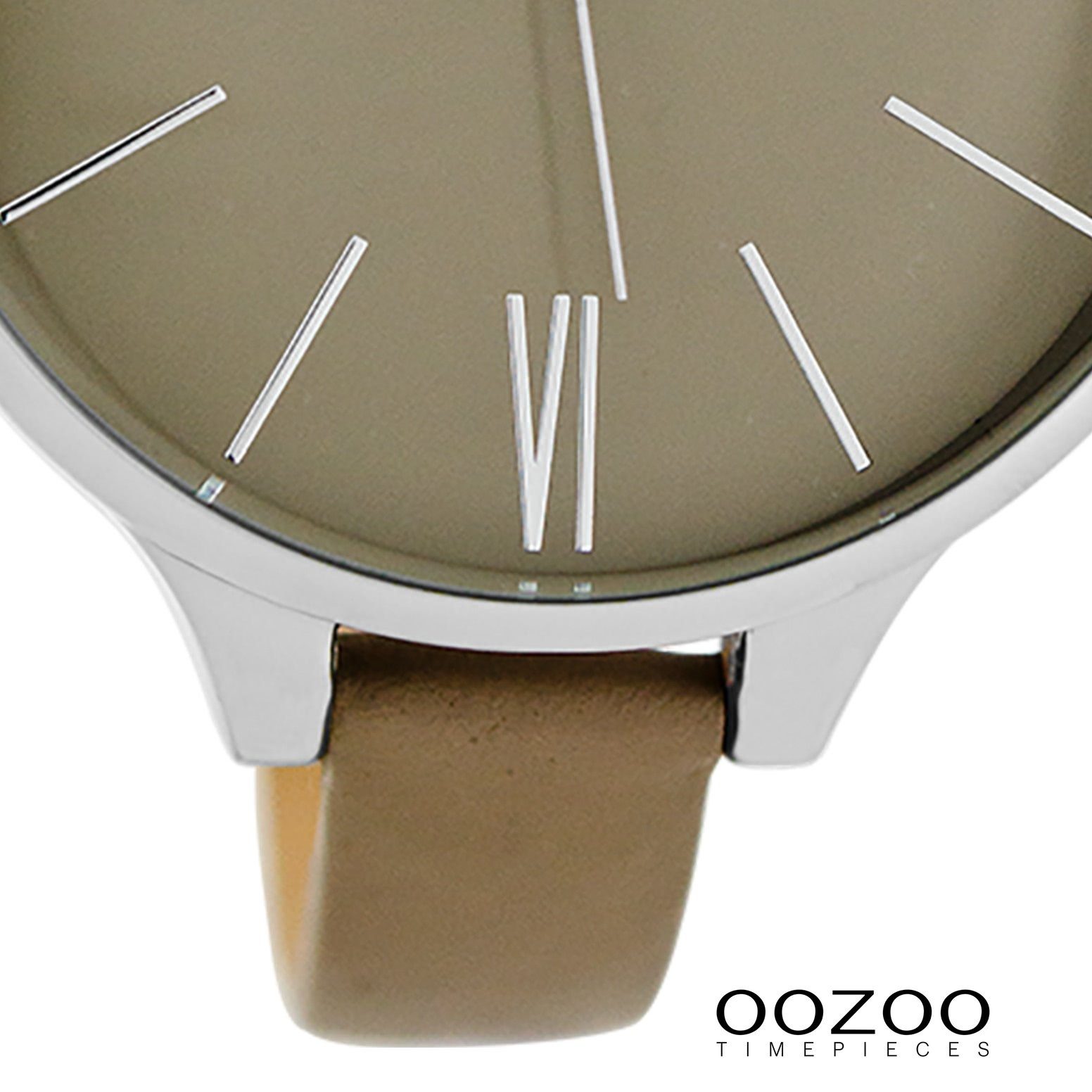 OOZOO Quarzuhr Oozoo Damen Armbanduhr beige, (Analoguhr), Damenuhr rund, groß (ca. 45mm) Lederarmband, Fashion-Style