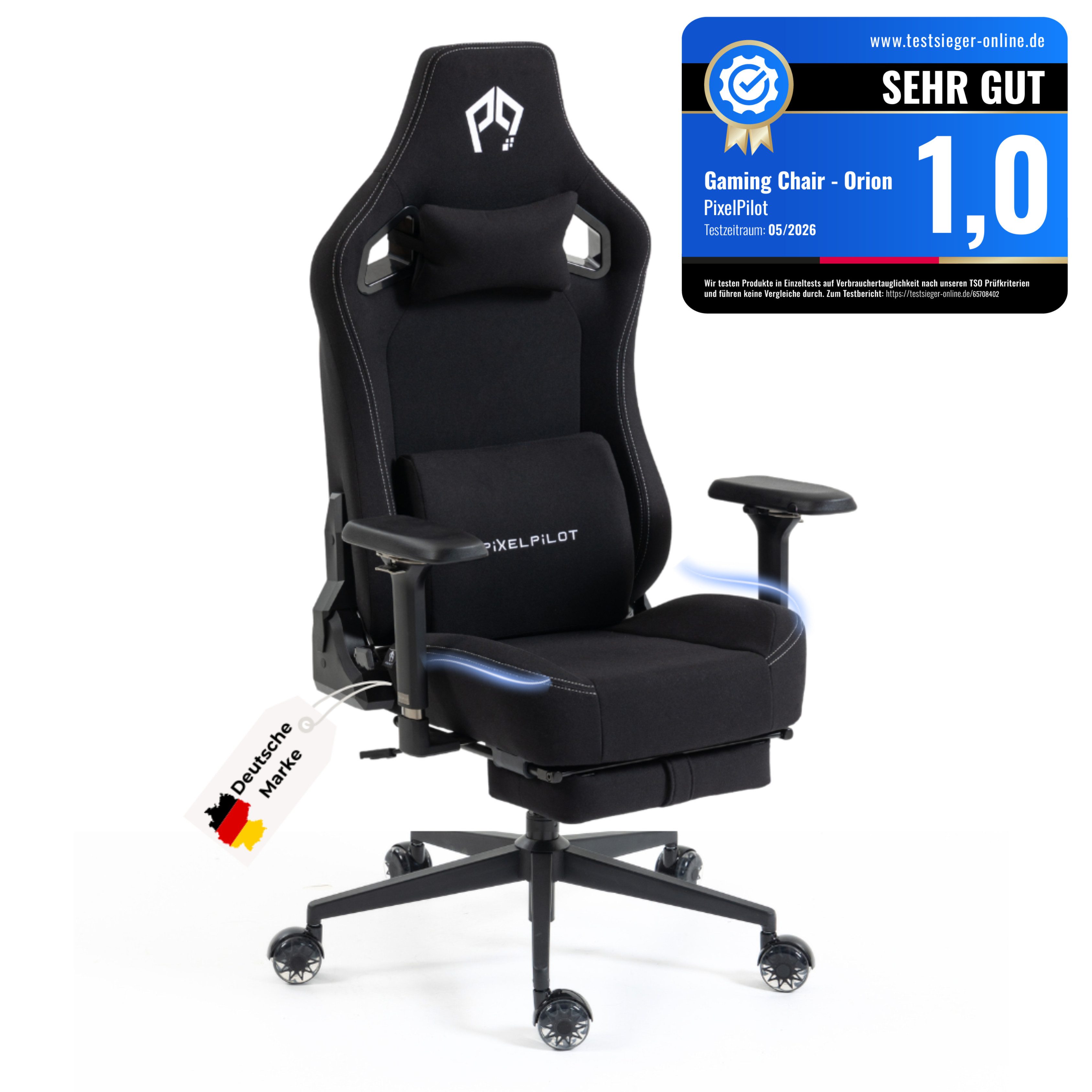 PixelPilot Gaming-Stuhl Ergonomischer Gaming-Stuhl mit 4D-Armlehnen, Taschenfedern & Fußstütze (Einzelartikel), 4D-Armlehnen, Taschenfederkern, ausziehbare Fußstütze
