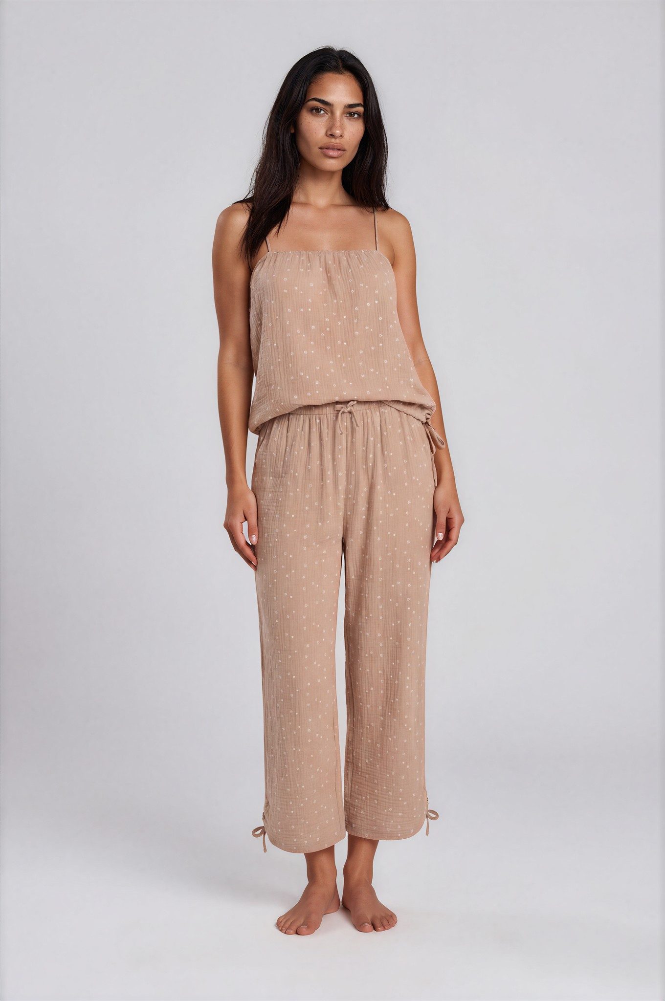 Mademoiselle Sommeil Pyjama Damen Musselin Schlafanzug aus 100 % Baumwolle (Set, 2 tlg) mit Spaghettiträger-Top & 7/8-Hose, leichte Sommer-Nachtwäsche