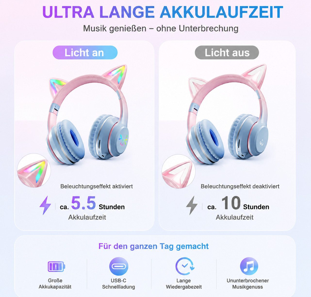 ibettertec Over-Ear-Kopfhörer Bluetooth 5.3 LED Katzenohren Faltbares Design Bluetooth-Kopfhörer (Katzenohr-Headset für Mädchen, kompatibel mit Tablet/Computer/ – Bild 4 von 5