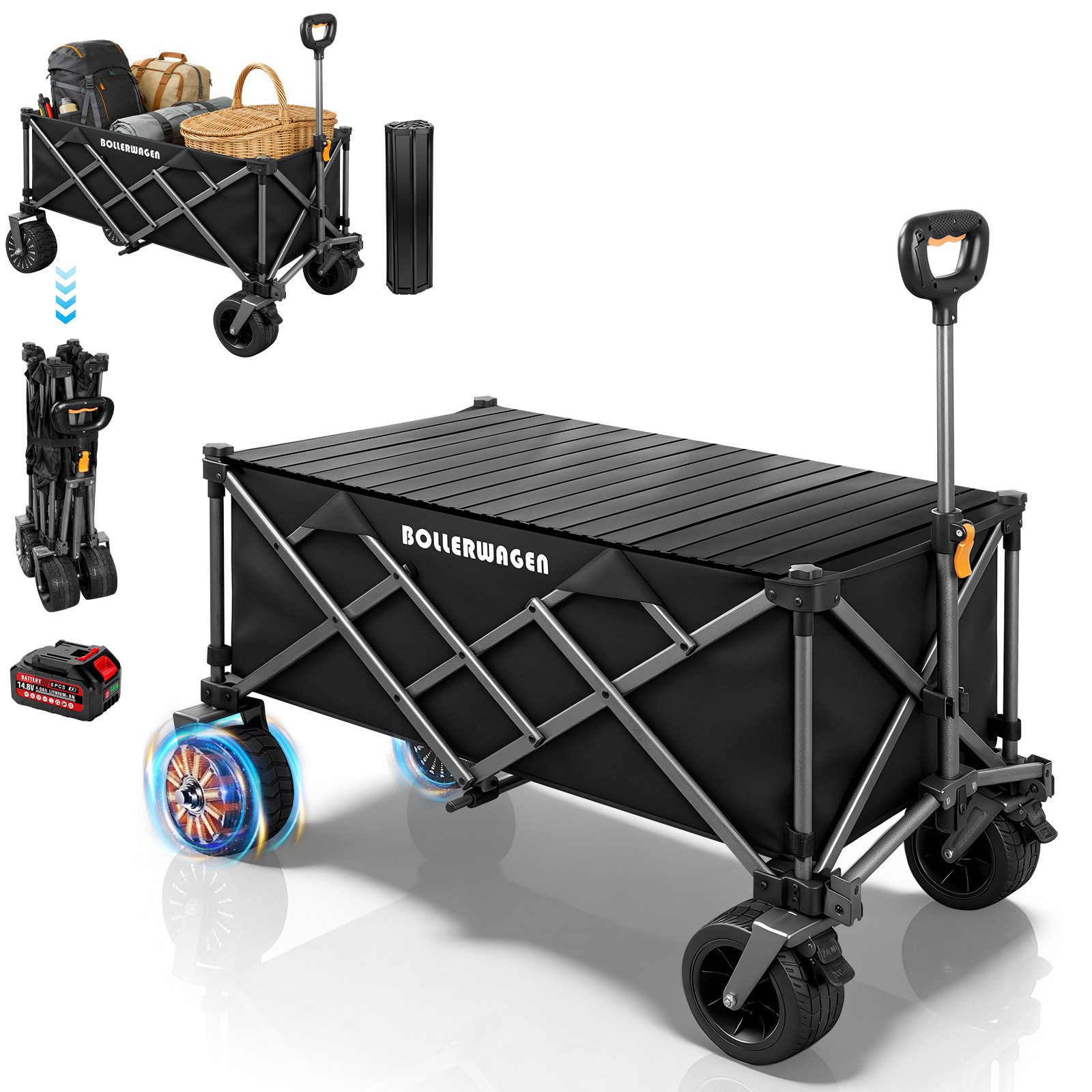 XERSEK Bollerwagen Elektro Faltbar Handwagen Campingwagen + Klapptisch 3 Gänge Schwarz (Elektrokarre Faltbollerwagen, 4,0-Ah-Akku, Bürstenlos Motor, Kompatibel mit Makita Akkus), für Privathaushalt Party Gewerbe