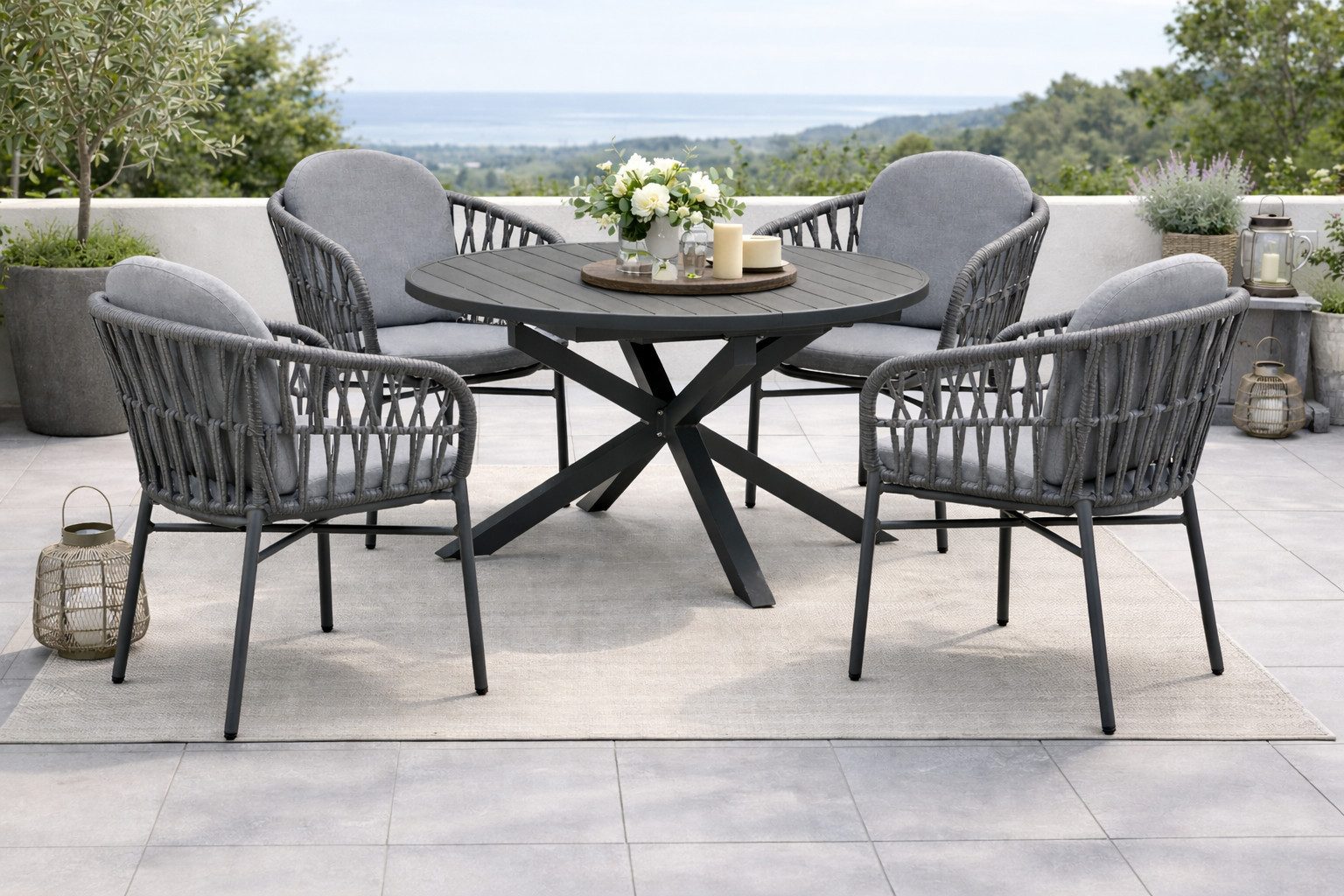 Destiny Garten-Essgruppe COMO ARONA, (4x Sessel, 1x Tisch), 4x stapelb. Sessel +Polster, 1x Tisch ausziehb. 120/170cm, 145/199 cm
