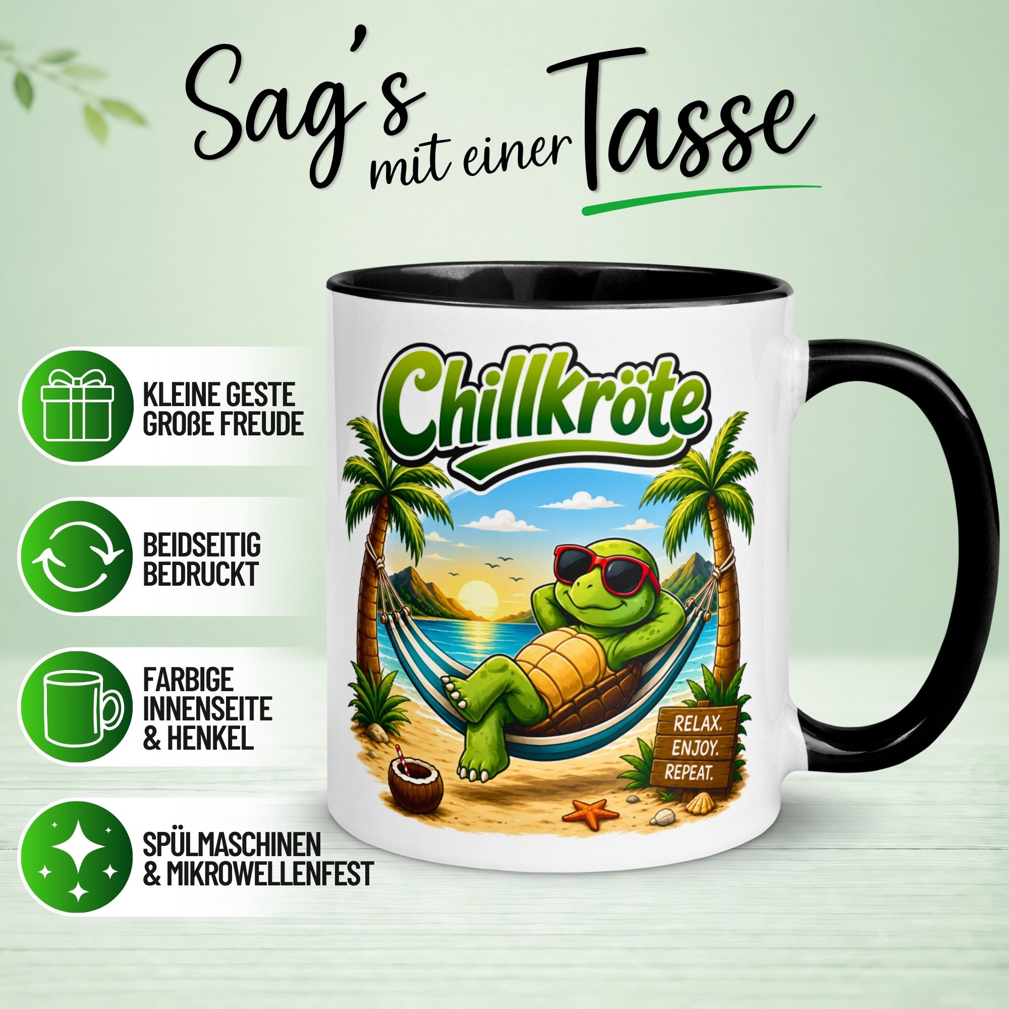 Momentals Tasse Schildkröte – „Chillkröte am Strand“ – lustiges Schildkröten Geschenk, Gratis Versand · Links-&Rechtshänder · Spülmaschinenfest