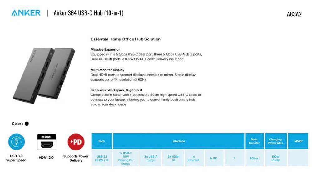 Hub 364 USB C Hub (10-in-1, Dual 4K HDMI) USB-Adapter