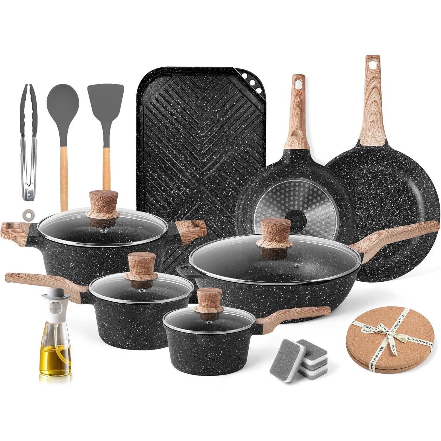 LuxusKollektion Küchenorganizer-Set Töpfe Pfannen Induktion antihaft Granit Bratpfanne Griddle Set Black