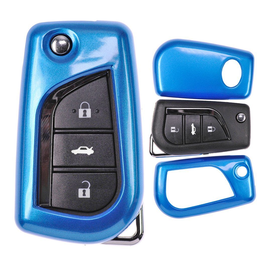 mt-key Schlüsseltasche Autoschlüssel Hardcover Schutzhülle Metallic Blue, für Toyota Auris Corolla Avensis Verso 2012-2015 Klappschlüssel Metallic Blau