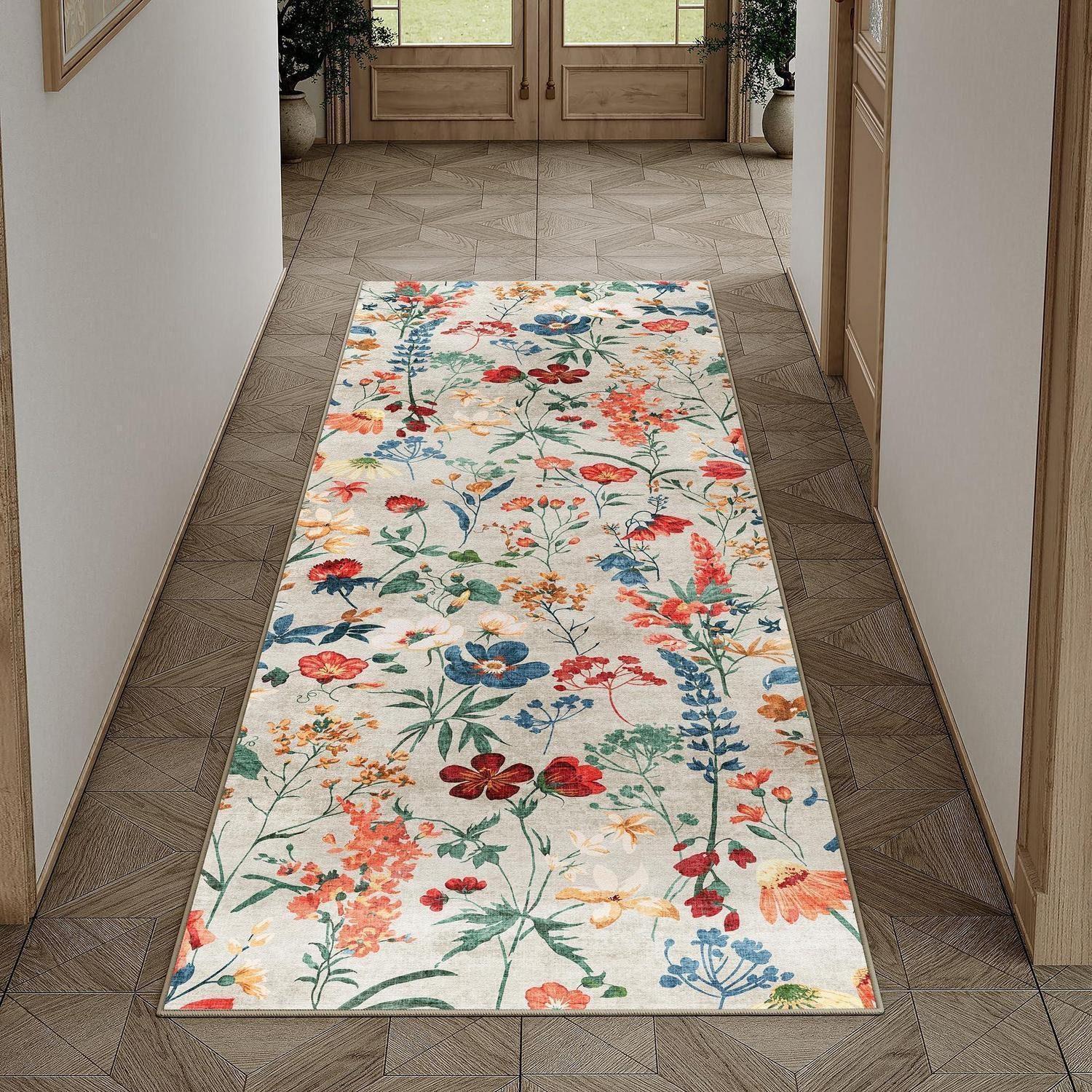 LuxusKollektion Läufer Läufer Flur 60x180cm Beige Blumenmuster, rechteckig, Höhe: 10 mm