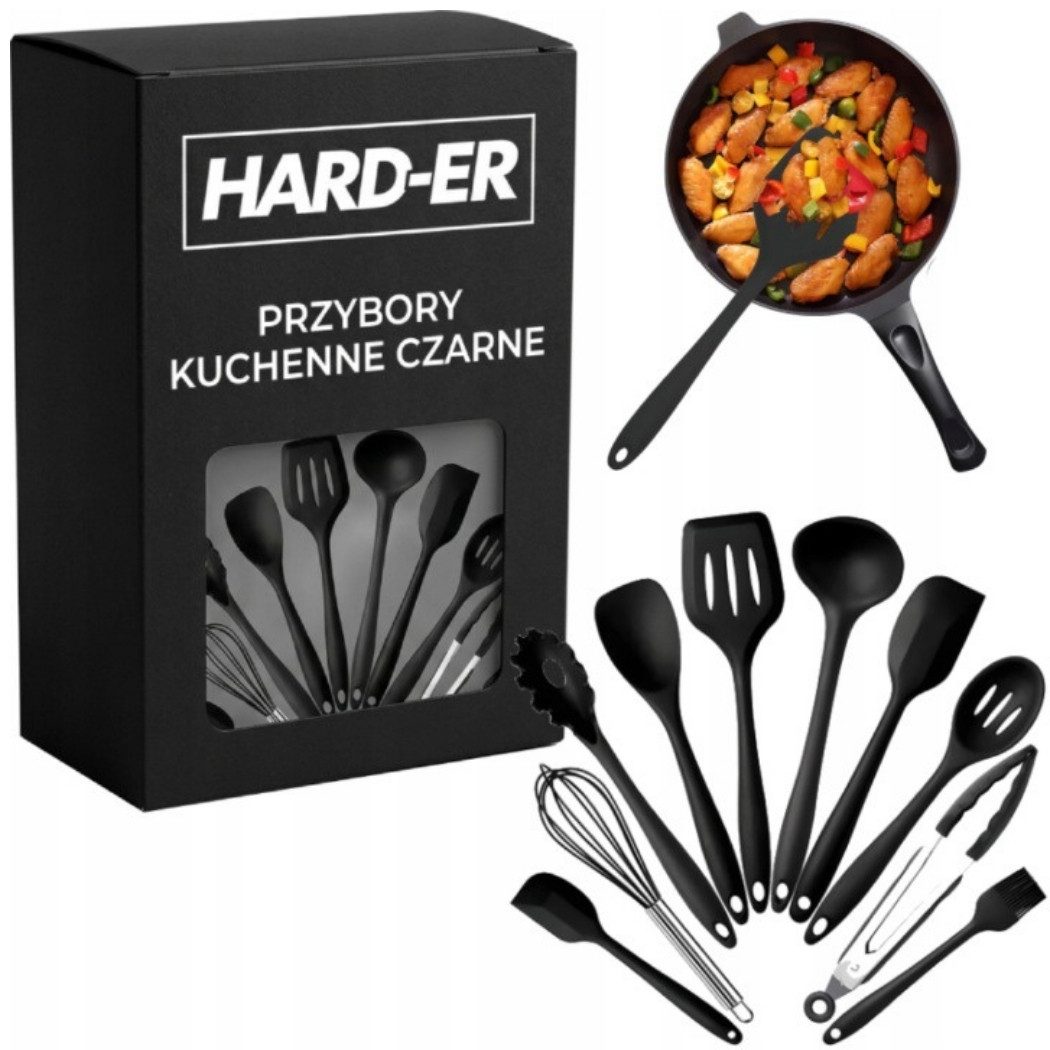 Hard-er Kochbesteck-Set 10-teilig aus Silikon Schwarz BPA-frei hitzebeständig bis 200 °C (Küchenhelfer-Set, 10-teiliges Küchenhelfer-Set), spülmaschinengeeignet, geruchsneutral und leicht zu reinigen