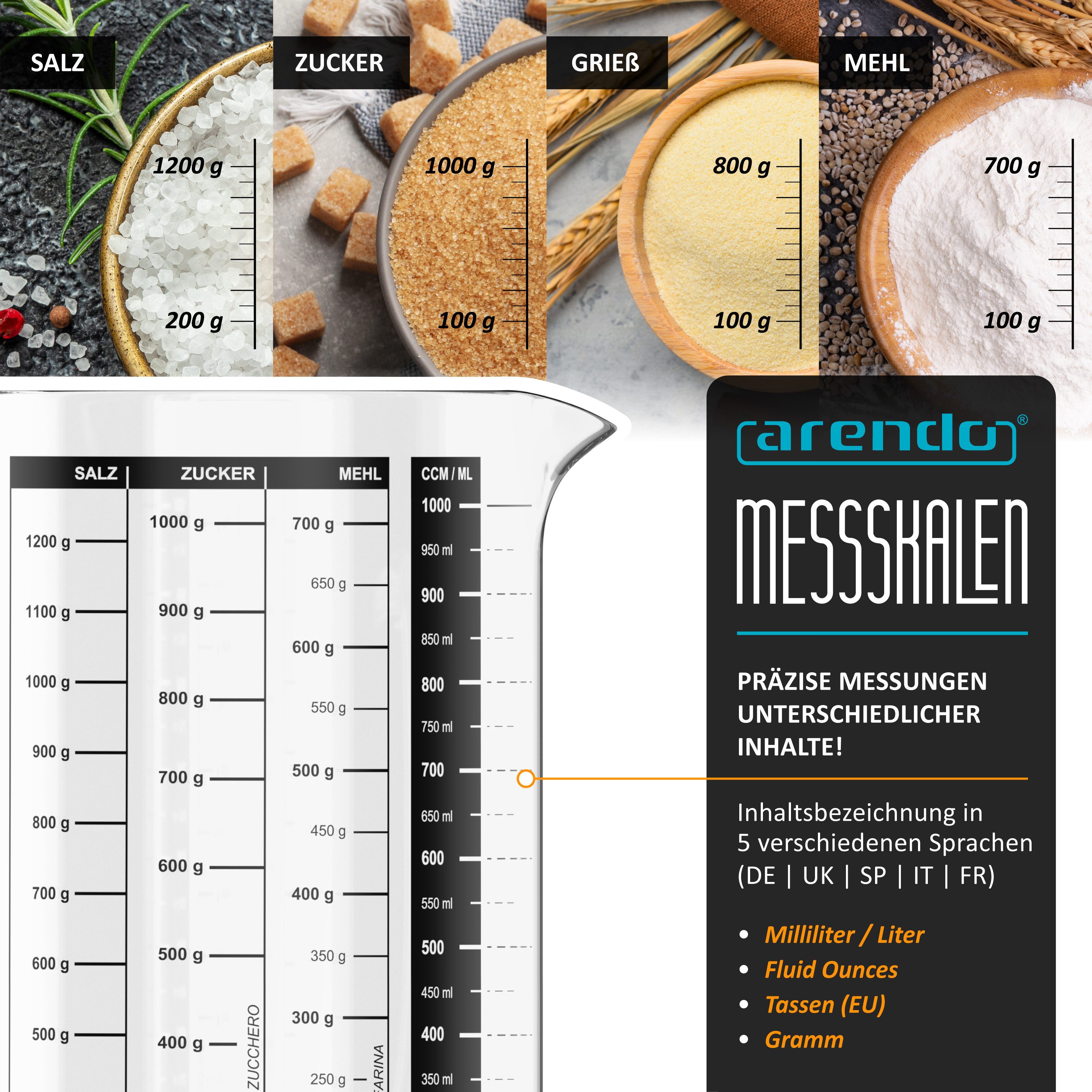 Arendo Messbecher 1 l Glas Messkrug Set, Borosilikatglas, hitzebeständig, Küchenbehälter, Glas, präzise Skala, hitzebeständig, mikrowellengeeignet, 1000 ml