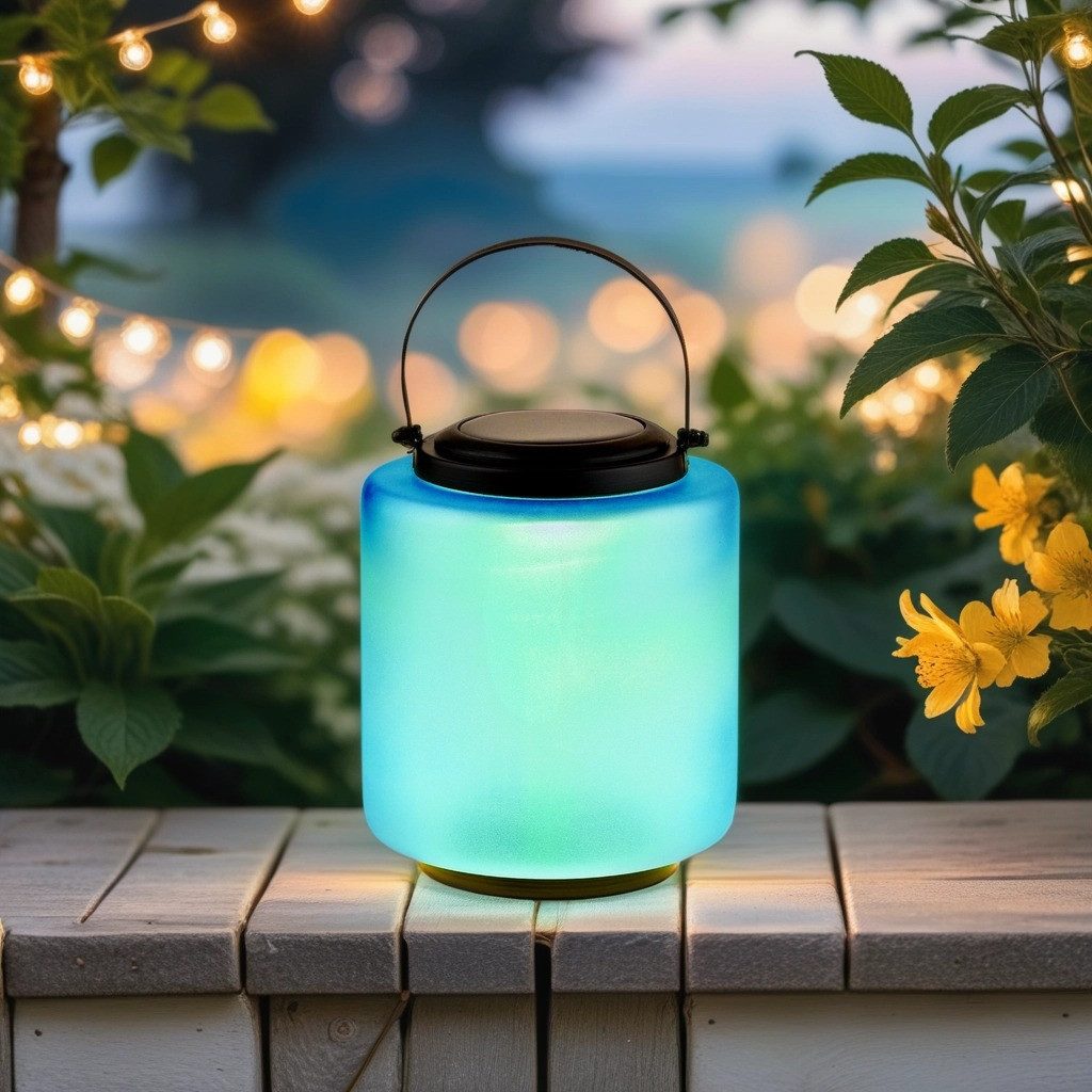 Marrakesch Orient & Mediterran Interior LED Solarleuchte Moderne Solarlaterne Erlin handgefertigt aus Glas in Blau 33 cm modern, LED fest integriert, Handarbeit