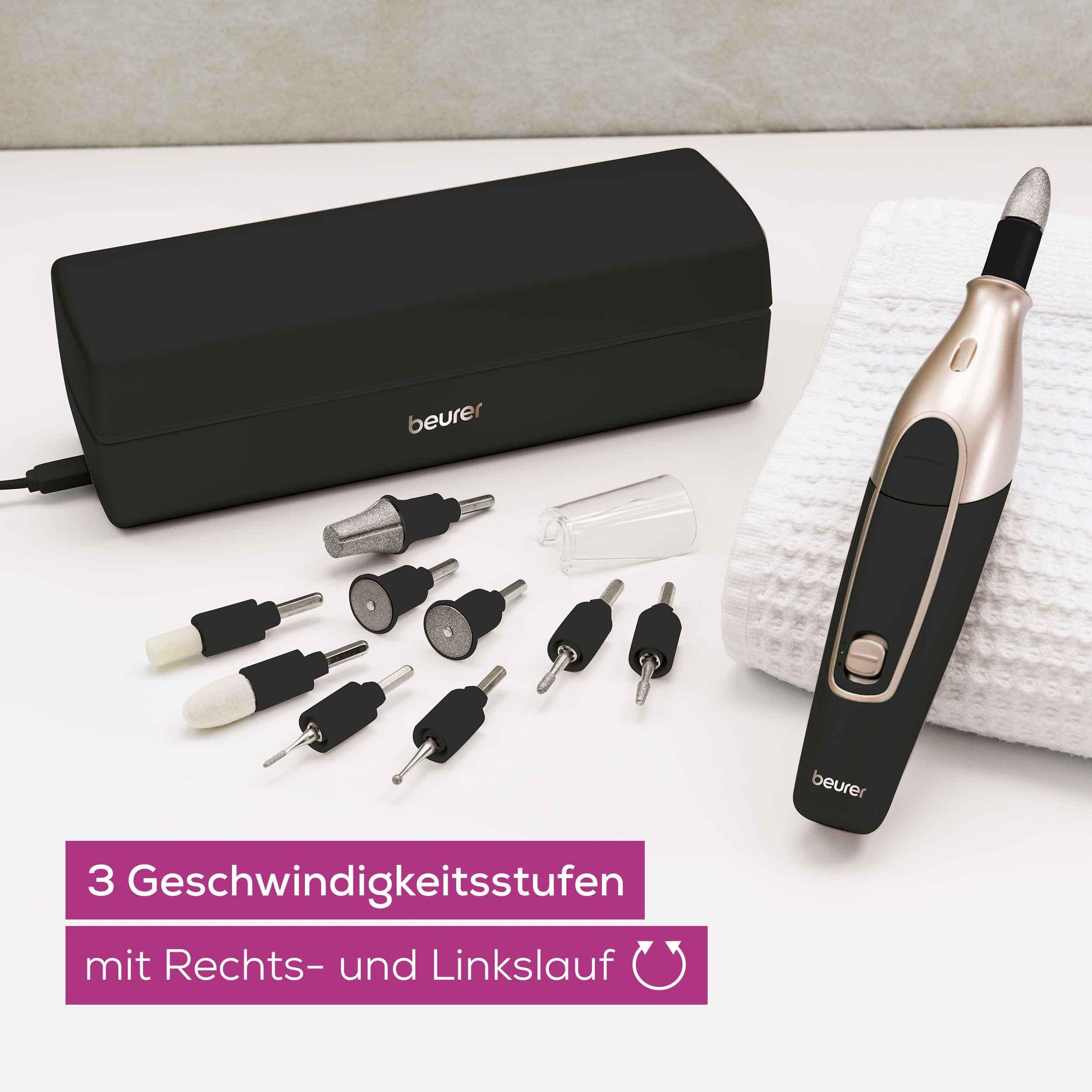 BEURER Maniküre-Pediküre-Set MP 84 elektrische Nagelfeile, kabellos mit Lade- und Aufbewahrungsetui, Mit 10 Aufsätzen aus Saphir und Filz, LED Licht und Schutzkappe