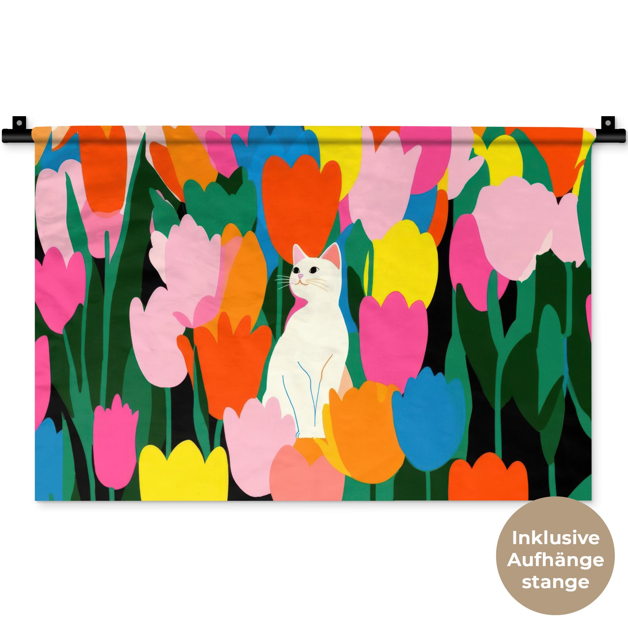 MuchoWow Wandteppich Tulpen - Katze - Farbenfroh, Rechteckig, Höhe: 3 mm, Wandteppich für Wohnzimmer, Schlafzimmer, 60x40 cm
