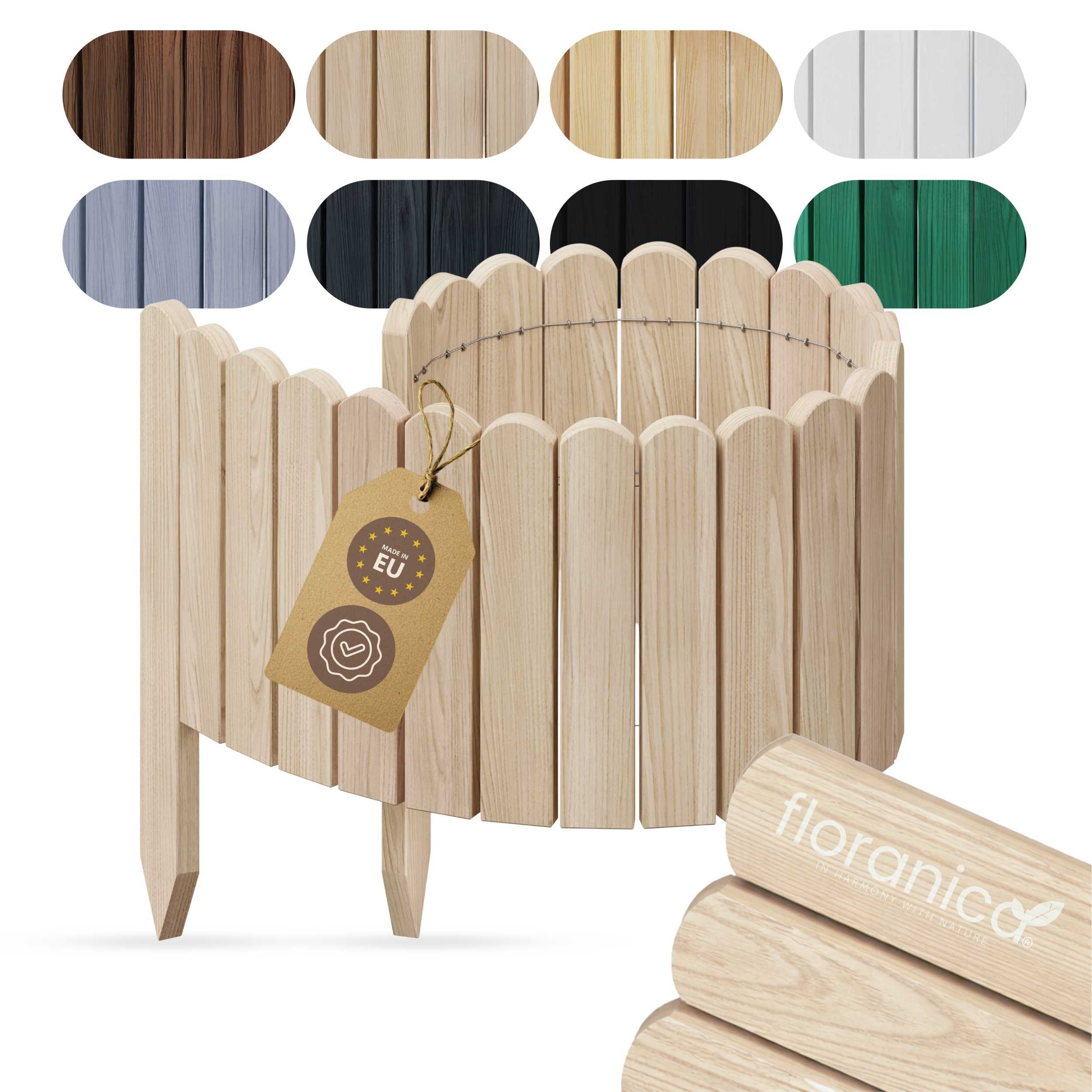 Floranica Palisade Flexible Rasenkante Rollborder Beeteinfassung Beetumrandung Holzzaun, LxH: 100x10 cm, Unbehandelt, Dekozaun Umzäunung von Blumenbeeten Kräutergarten Wege Rasenbegrenzung