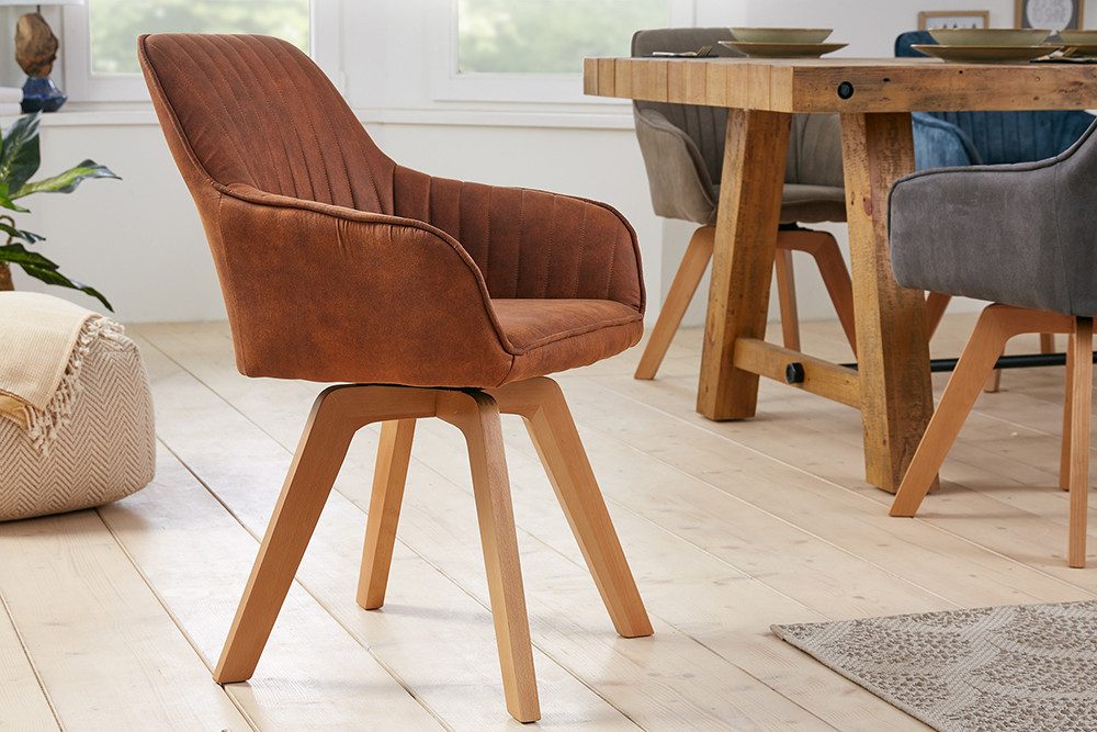 riess-ambiente Polsterstuhl LIVORNO vintage braun – Microfaser, drehbar, Holz-Beine, mit Armlehne (Einzelartikel, 1 St), mit 180° Drehfunktion und Autoreturn – ideal für Dein Esszimmer