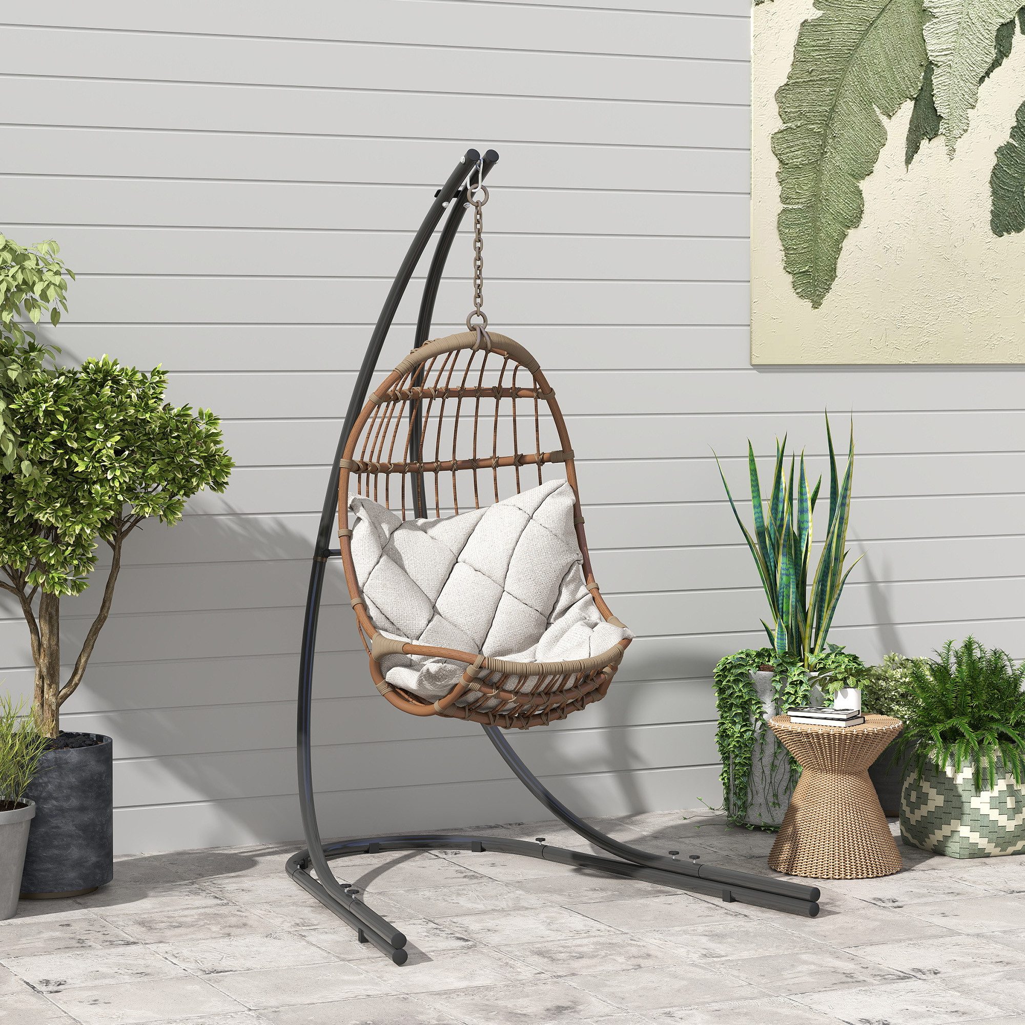 Outsunny Hängemattengestell in C-Form, mit Sockel, bis 150kg, (Gestell für Hängesessel, Metall Ständer), für Indoor Outdoor Balkon, Terrasse Schwarz