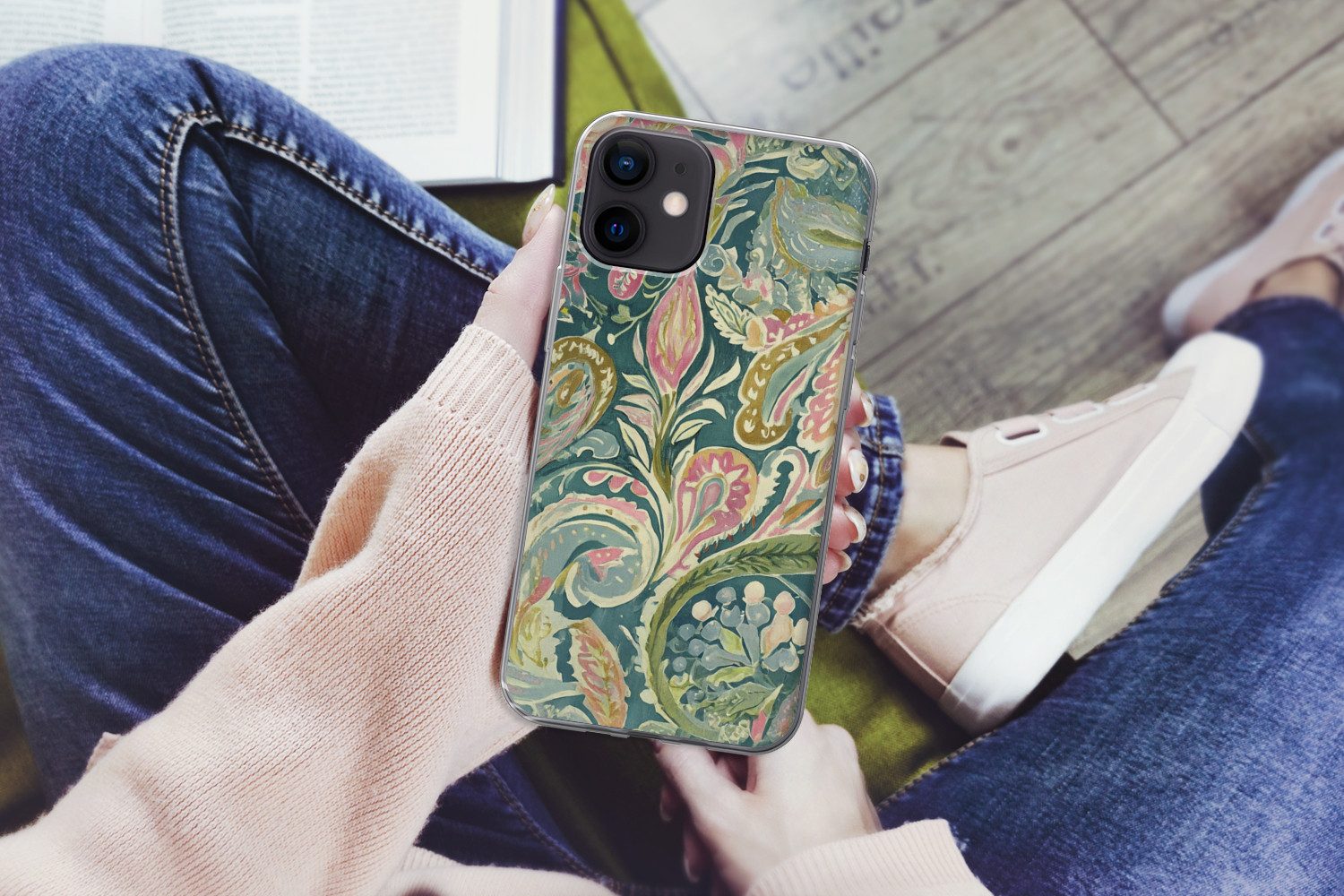 MuchoWow Handyhülle für Apple iPhone 12 Gemustert - Bunt - Verschnörkelt - Grün, Smartphone-Bumper, Print, Handy Schutzhülle Dünn