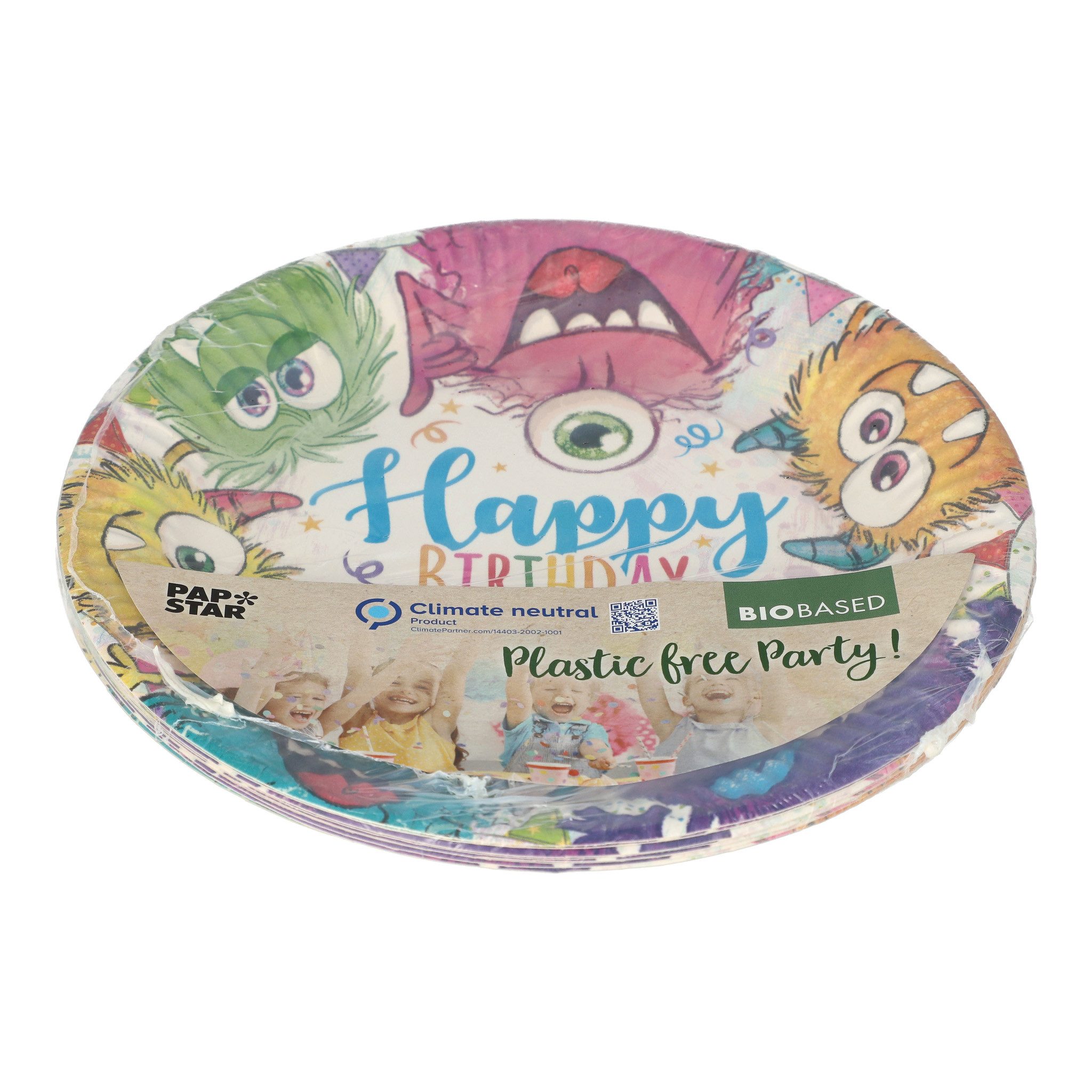 PAPSTAR Pappteller, Pappteller rund 23cm Happy Birthday mit Monstern 10er Set Weiß / Bunt