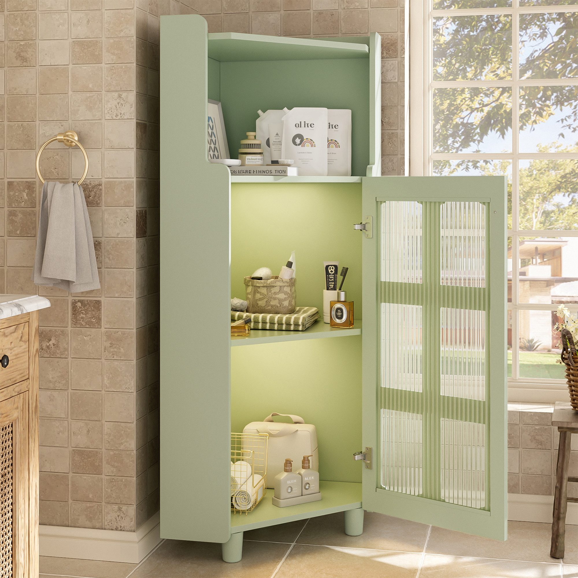 STILVORA Vitrine mit LED-Beleuchtung Eckkommode Badezimmer Mehrzweckschrank Grün (Packung, 1-St., Moderne Eck-Kommode mit App-Steuerung) mit drei Fächern, für Wohnzimmer, Bücherregal, Badezimmer