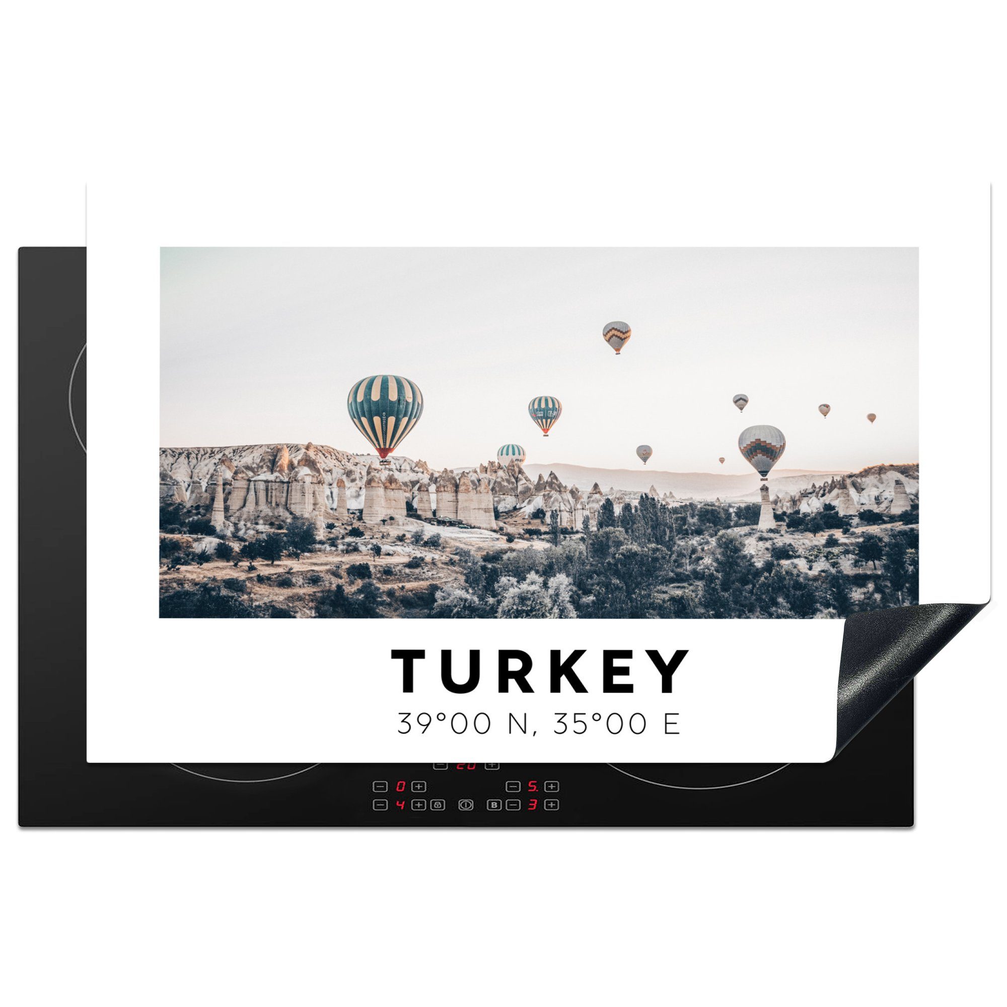 MuchoWow Herdblende-/Abdeckplatte Türkei - Kappadokien - Heißluftballon - Berge, Vinyl, (1 tlg), 81x52 cm, Induktionskochfeld Schutz für die küche, Ceranfeldabdeckung
