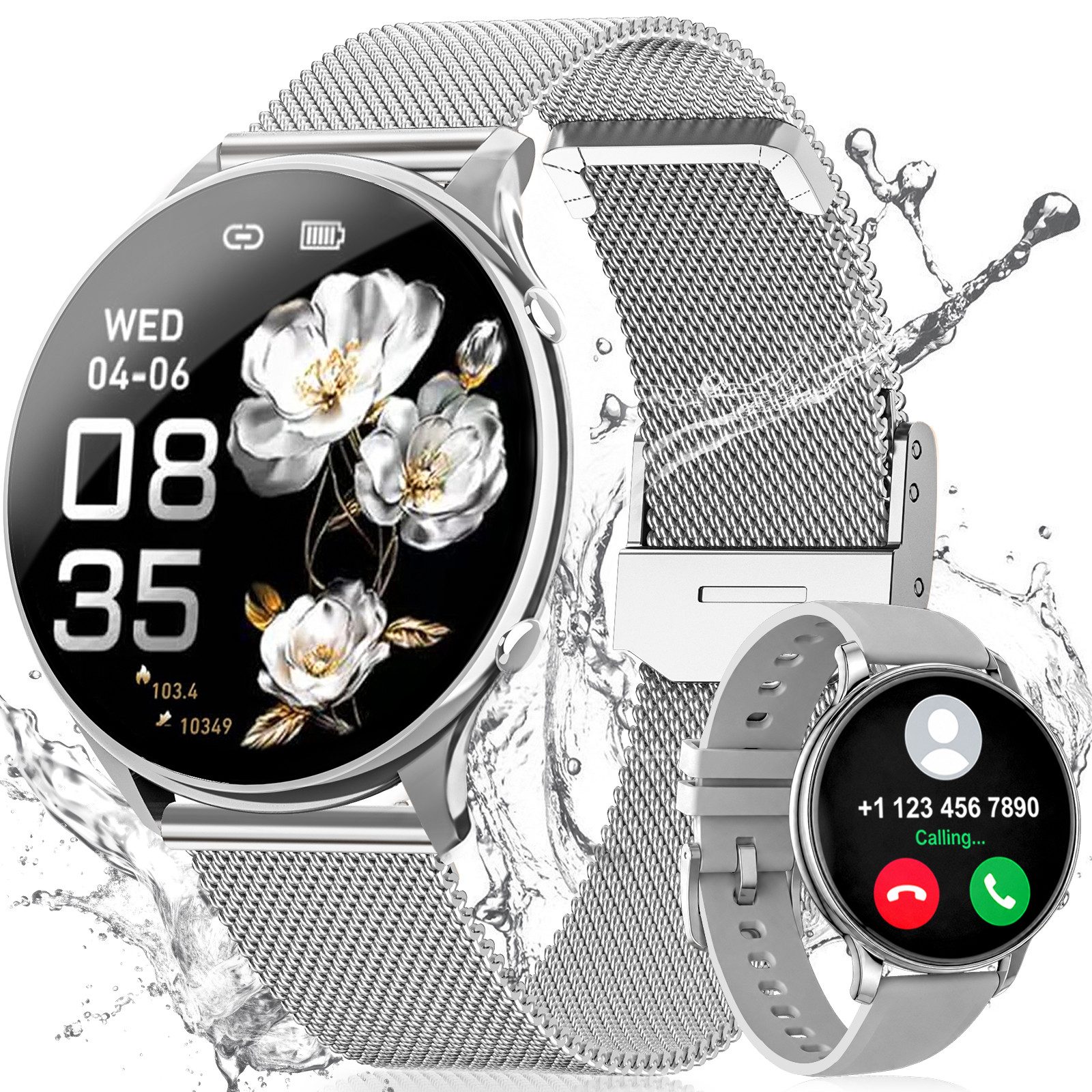 Whraills Smartwatch Damen 4.7mm ultradünn mit 120+ Sportmodi/Pulsuhr/Blutdruck Smartwatch 1,43″ AMOLED Display Fitnessuhr Damen mit SpO2/Schlafmonitor,Zyklus, Stressmessung,Atemtraining,20 Tage Akku,IP68, Geschenk für Frauen