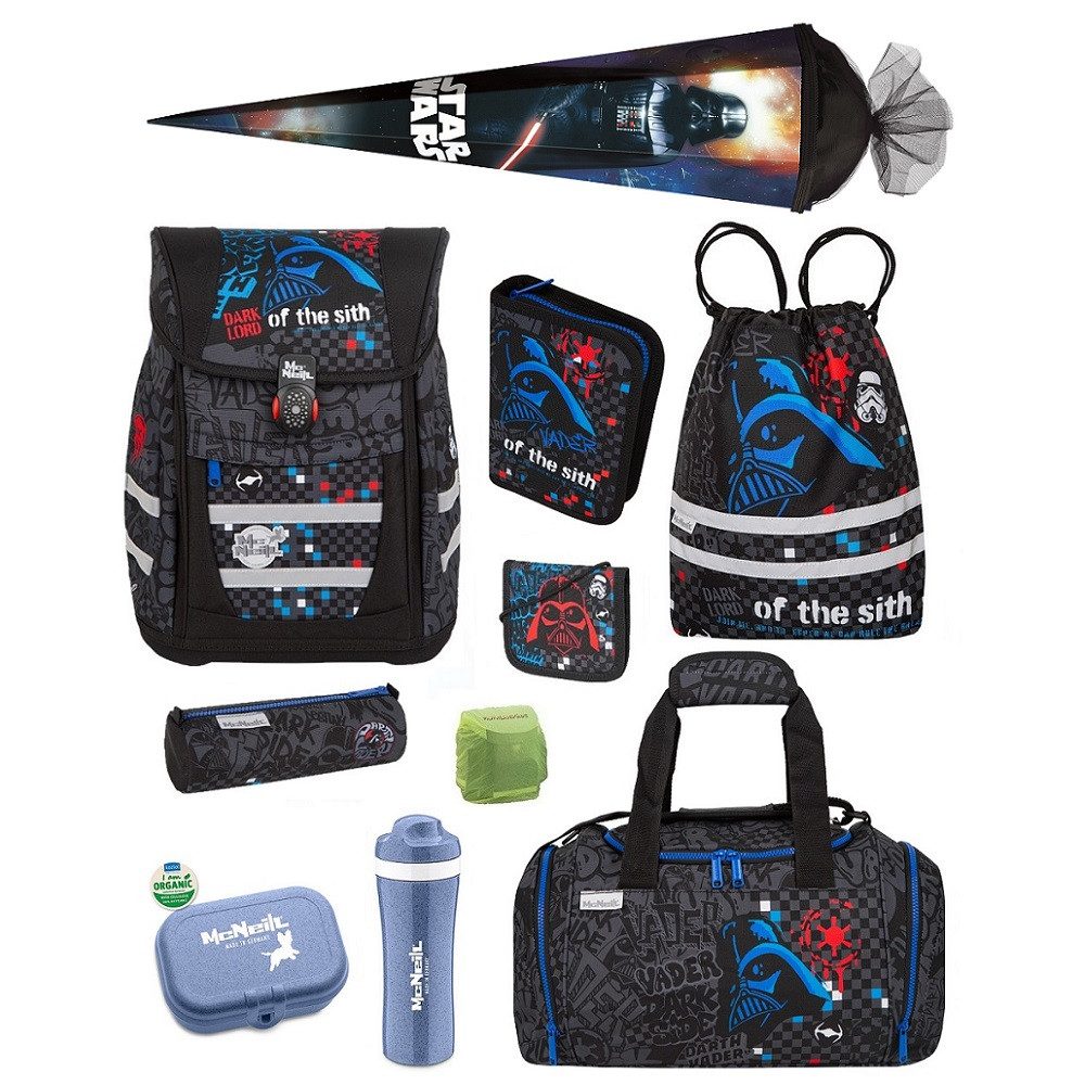 McNeill Schulranzen Schulranzen Star Wars Darth Vader Schultasche 1. Klasse (Set, 10-tlg., inkl. Sporttasche und Schultüte / Zuckertüte 85cm), mit Brustgurt, 980 Gramm leicht, 18L Volumen
