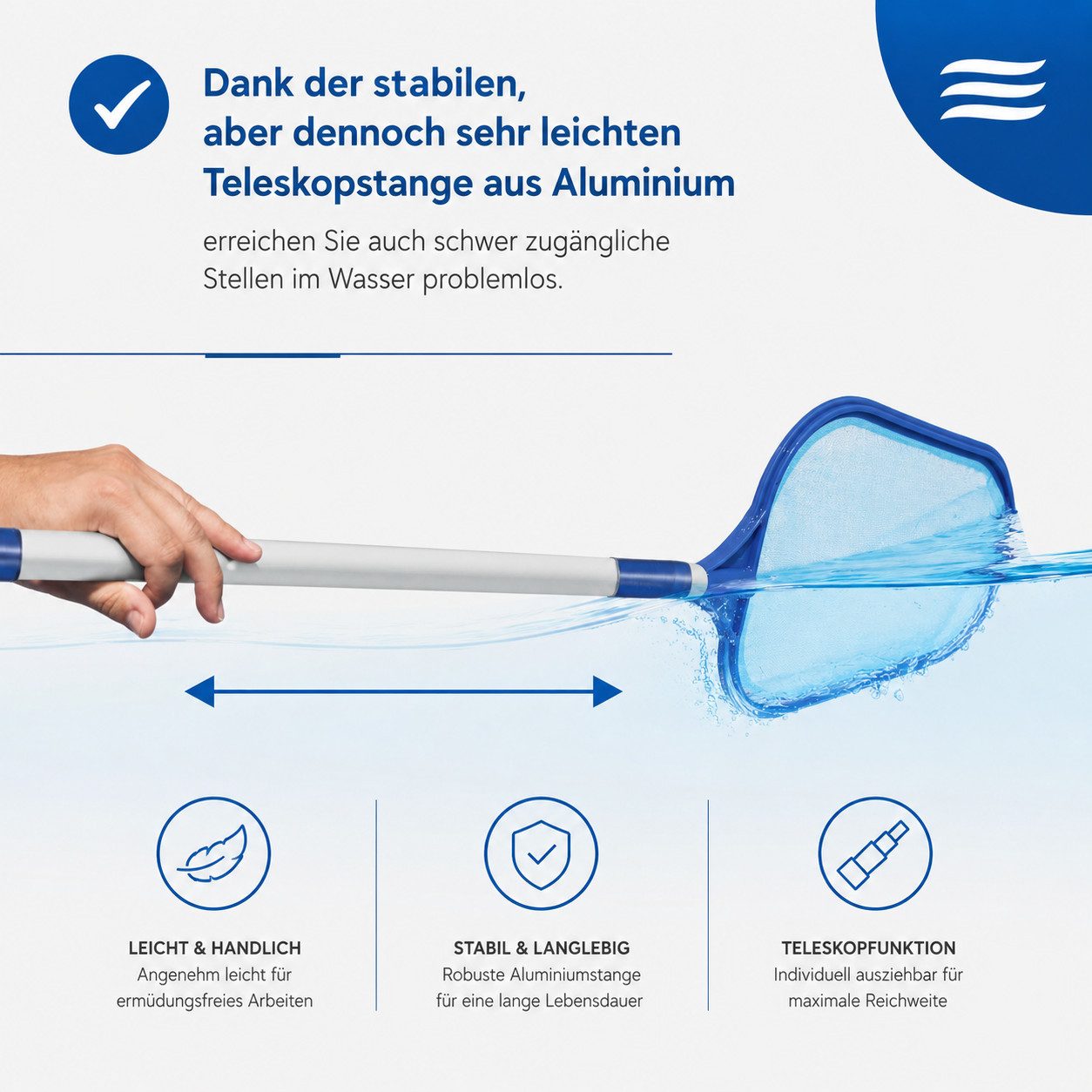 Hecht Kescher mit Teleskopstange, extra großes Netz, feinmaschig, Poolreinigung, Komplett Zubehör Set, für Schwimmbad, Pool, Planschbecken, Teich