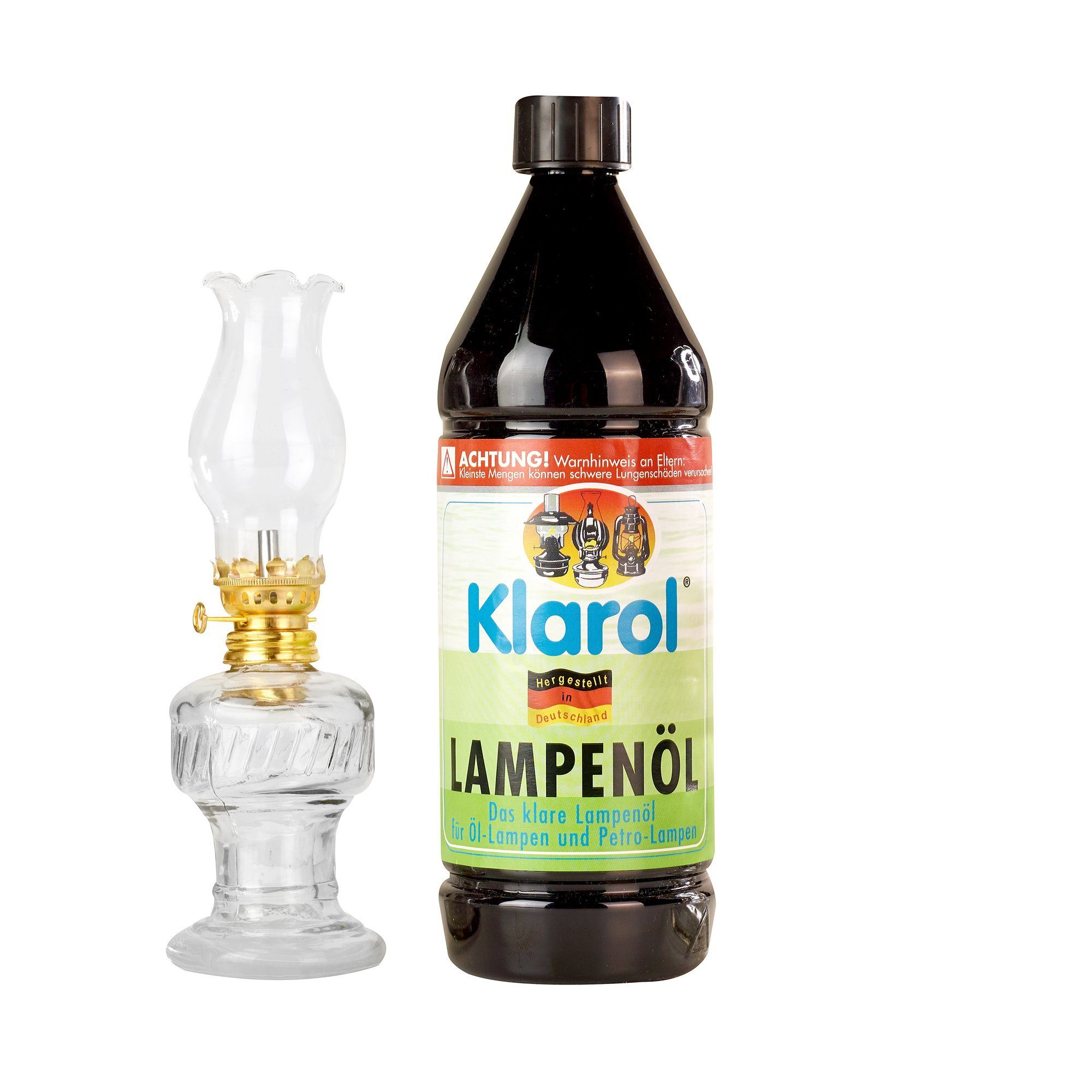 Windlicht 1x Öllampe aus Glas, 21 cm im Set mit Klarol Lampenöl 1 ltr.