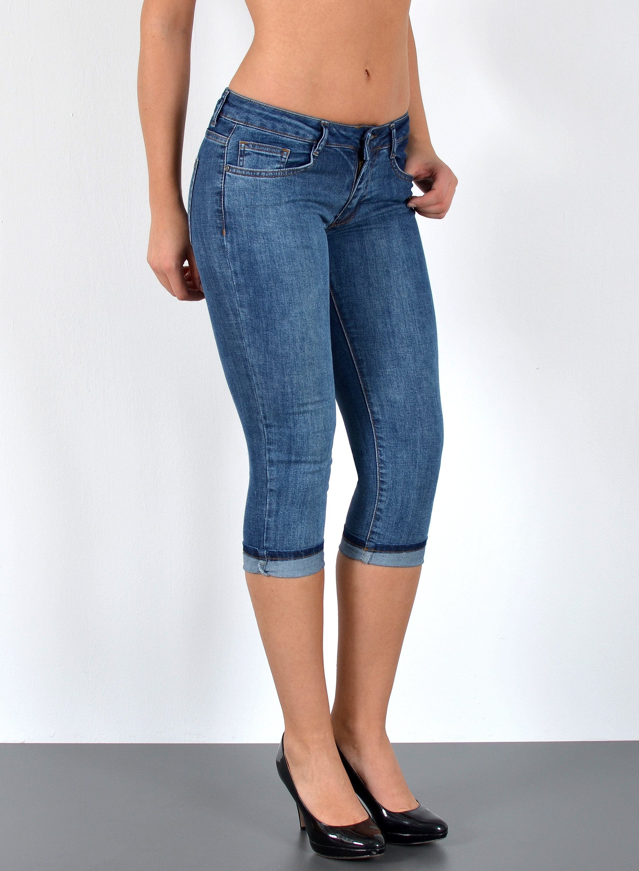 ESRA Caprijeans Damen 3/4 Jeans Hüftjeans niedrige Leibhöhe Damen 3/4 Hose Tief Bund Damen Capri Jeans Low Waist bis Übergröße Plus Size Große Größe Shorts