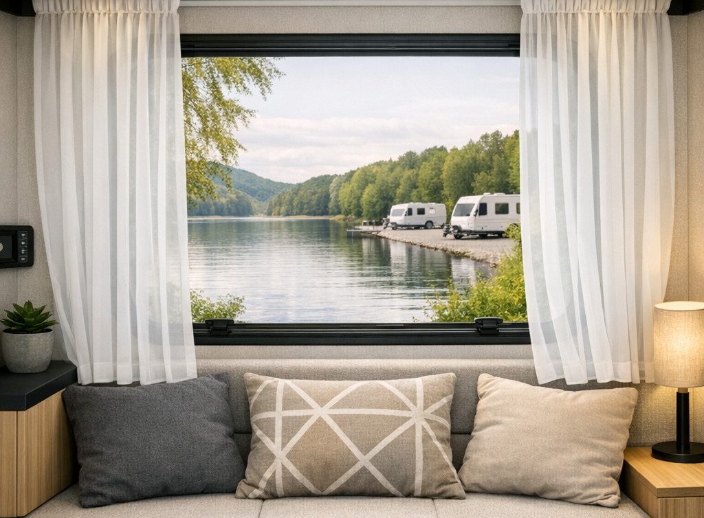 novumfix Gardine für Caravan, Voile weiß transparent, verschiedene Höhen, Kräuselband, transparent, transparent