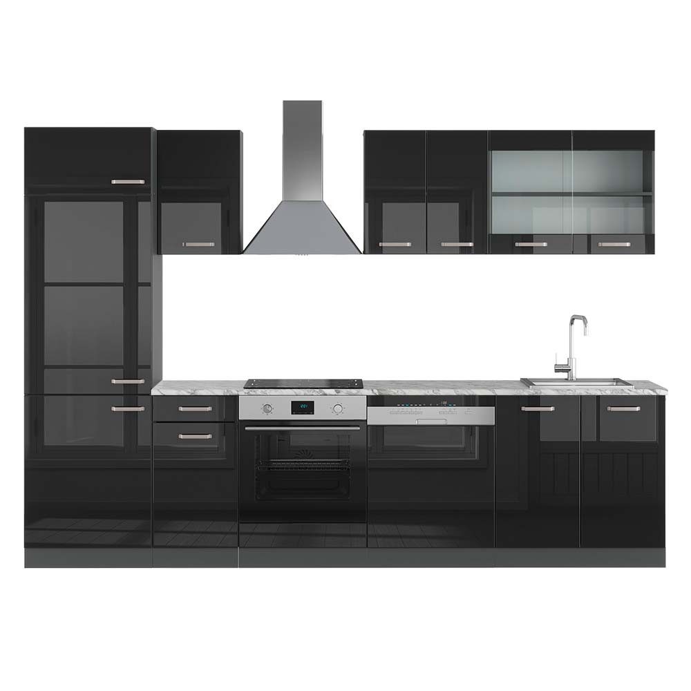 Vicco Küchenzeile R-Line, Schwarz Hochglanz/Anthrazit, 300 cm, AP Marmor